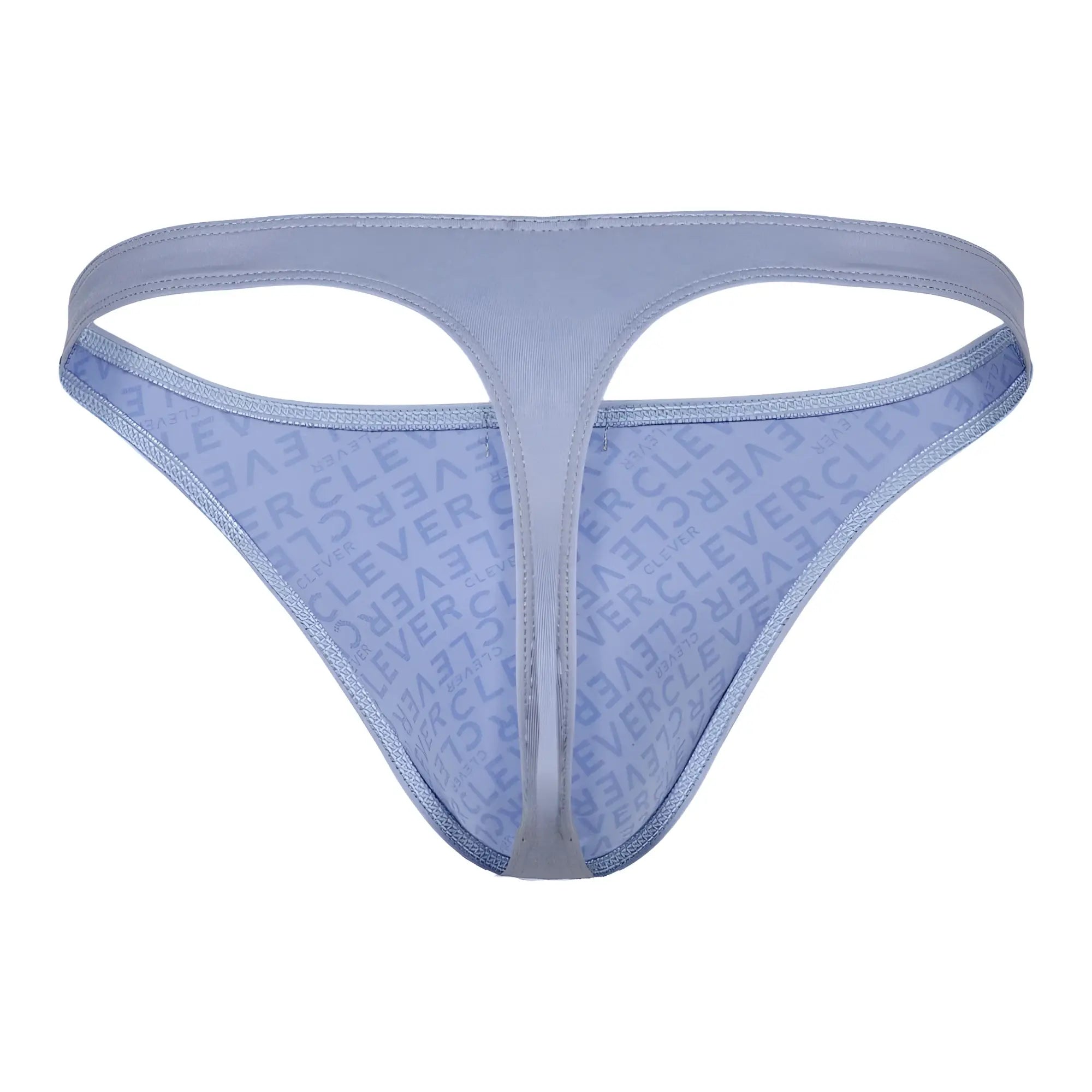 Light blue clever 1745 optimo thong with subtle repeating logo pattern on soft fabric front view