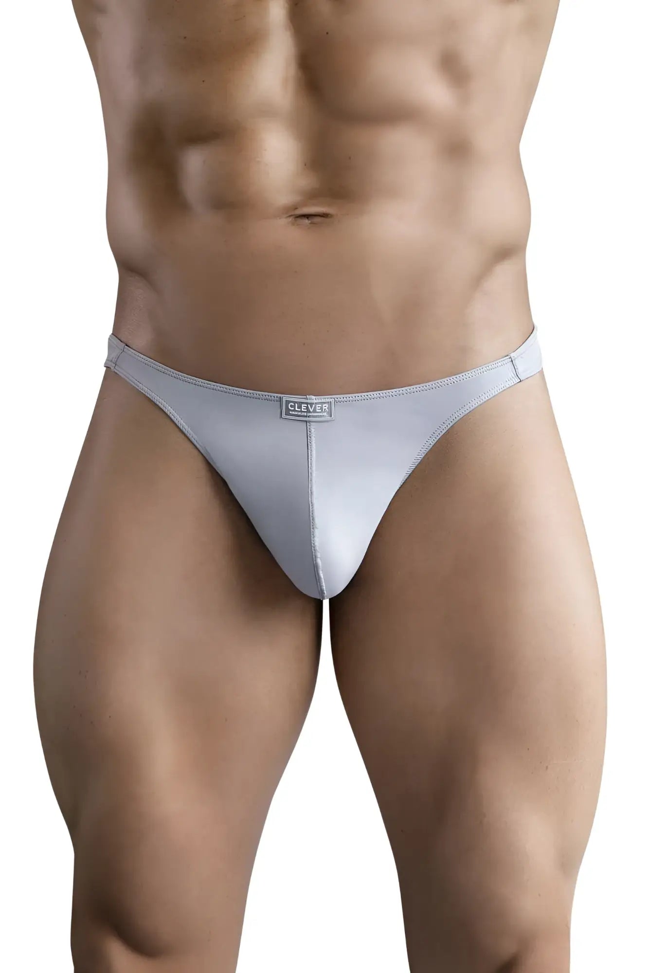 Light gray seamless fabric briefs with subtle Clever 1745 Optimo thong brand tag at the waistband front side