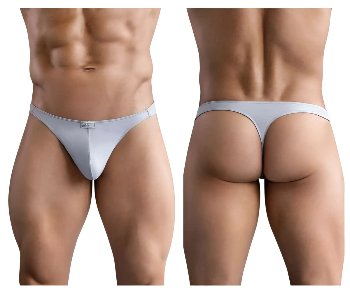 Light gray seamless thong with subtle Clever brand tag at front for comfortable everyday wear