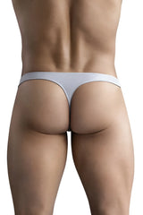 A sleek light gray clever 1745 optimo thong made of smooth fabric with a minimalist design shown from the back