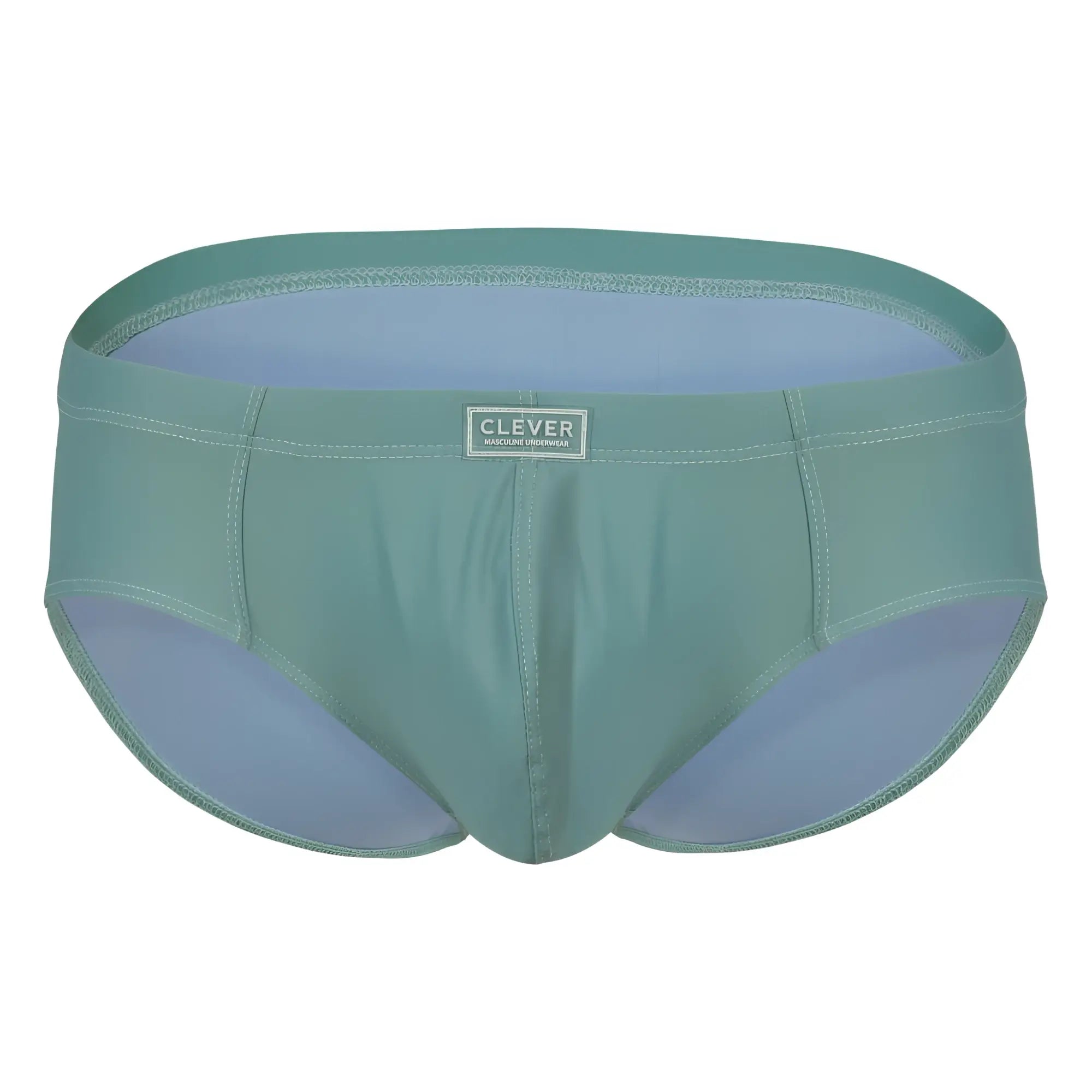 Teal men’s briefs with light blue inner lining and clever brand label on waistband from clever 1746 pastel briefs color green