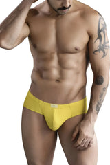Bright yellow clever 1746 pastel briefs men’s form-fitting underwear with subtle brand tag on waistband