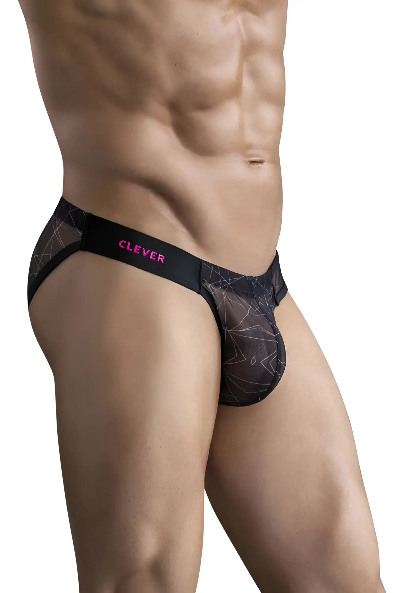 Black mesh clever 1747 geometric bikini briefs with geometric pattern and pink branding on the waistband