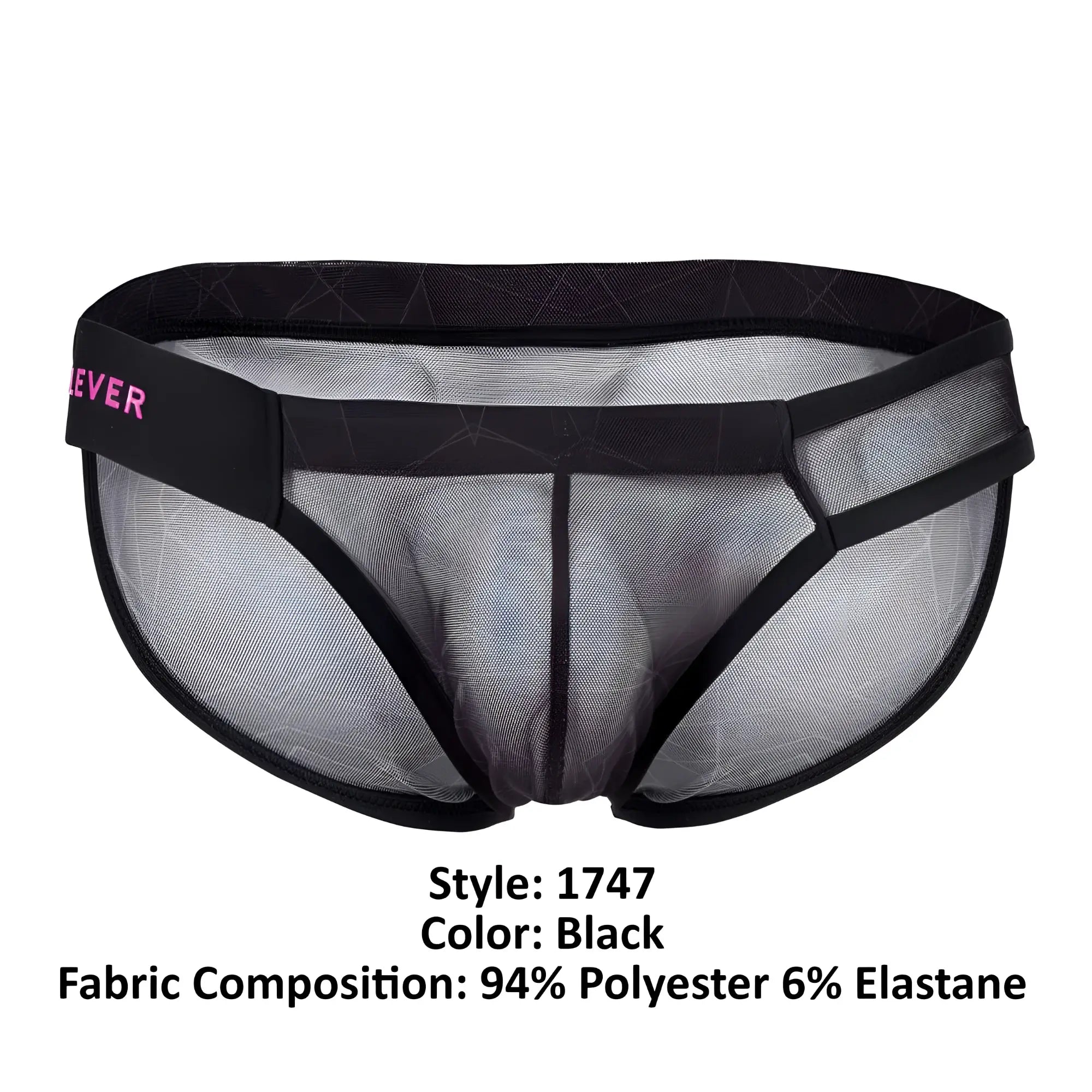 Black mesh briefs with solid black waistband and pink ever branding from clever 1747 geometric bikini color black collection