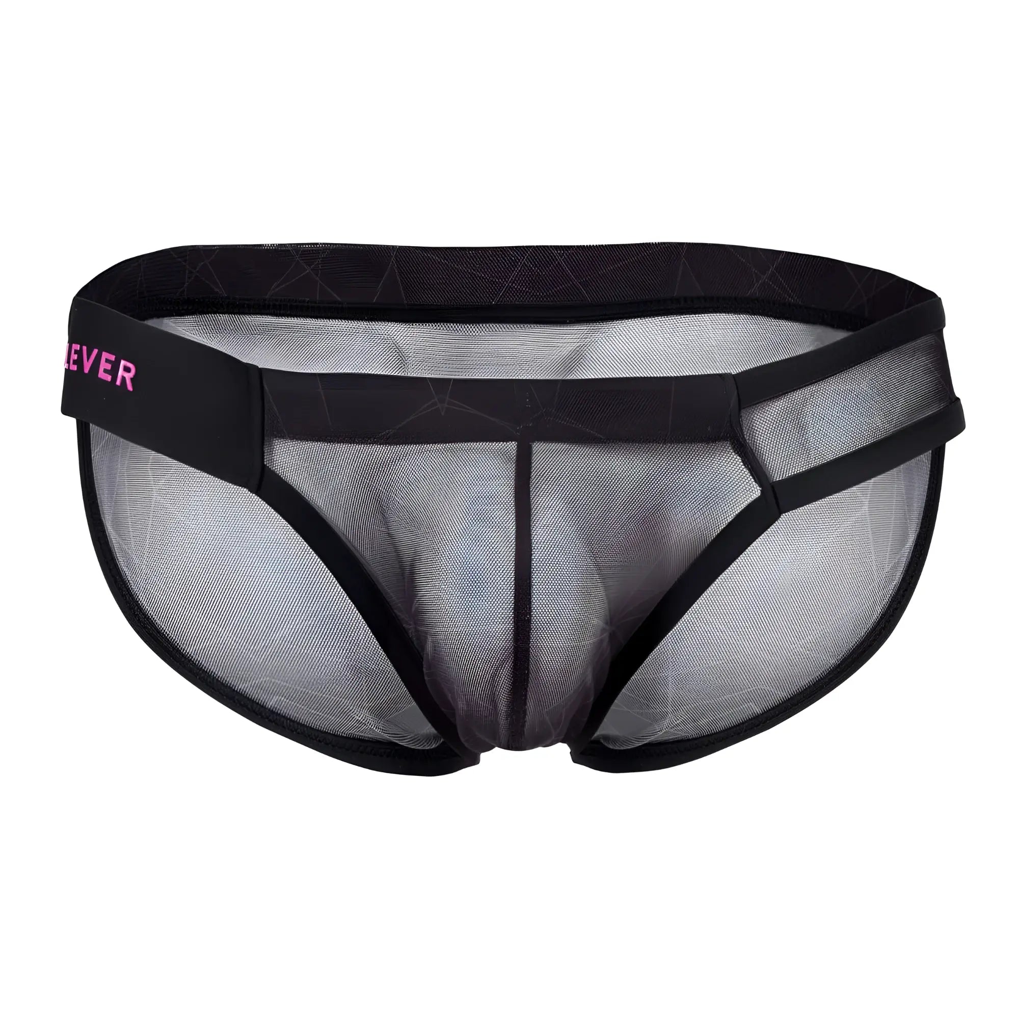 Black mesh briefs with subtle geometric pattern and pink ever branding on the waistband from clever 1747 bikini