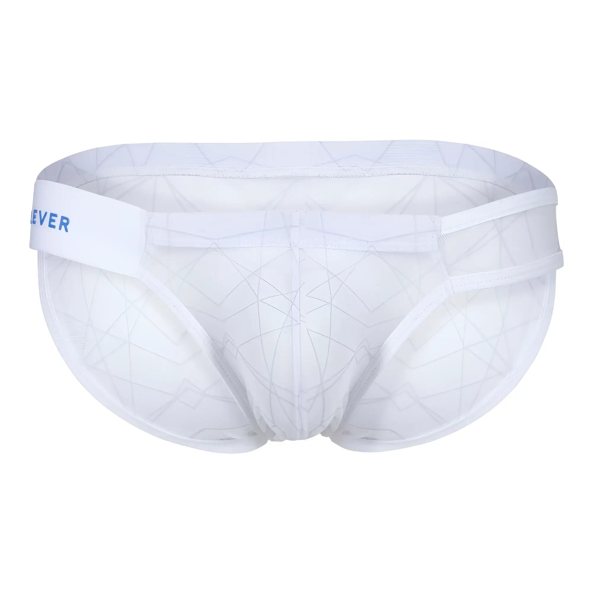 White mesh briefs with geometric pattern and blue ever logo on waistband clever 1747 geometric bikini color white
