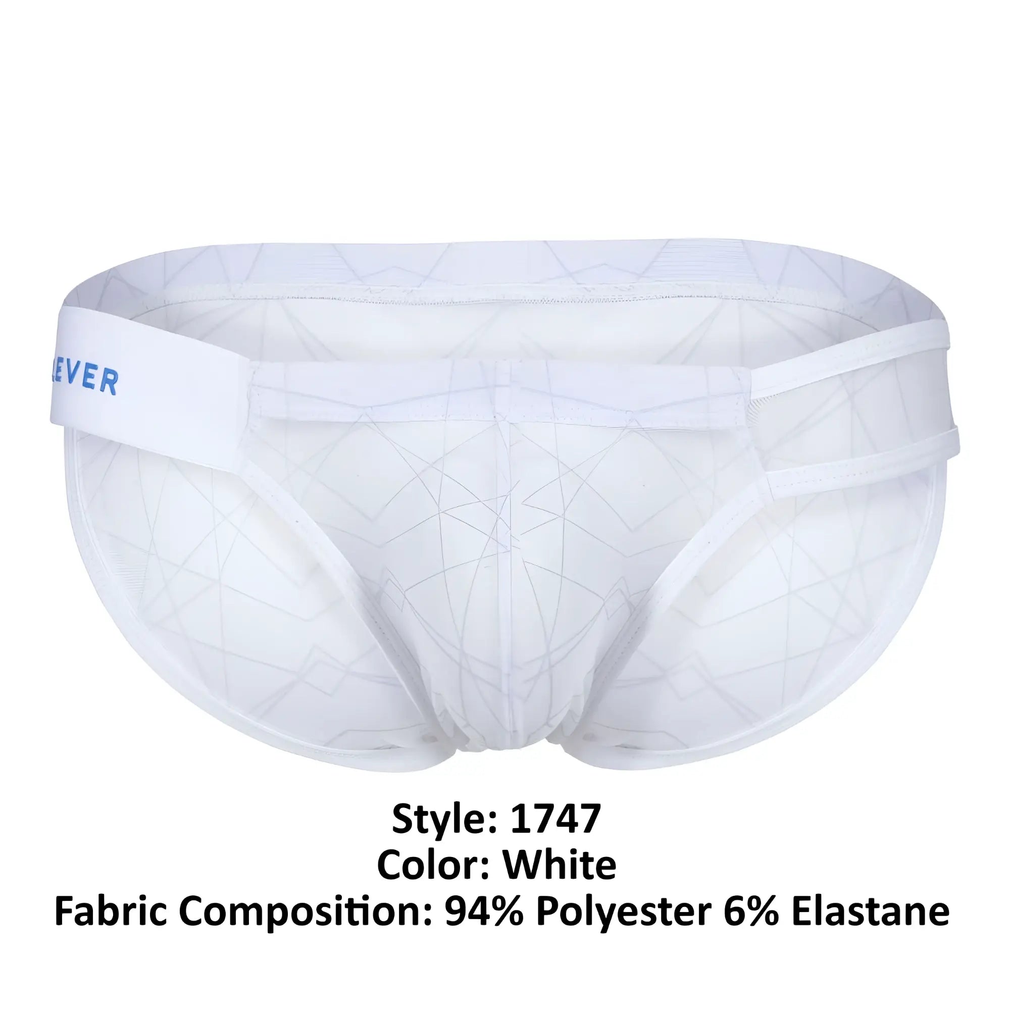 White mesh briefs with subtle geometric pattern and clever branded waistband in white color
