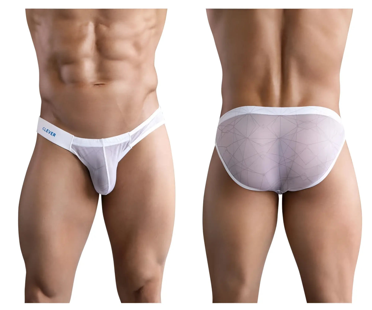 White sheer mesh briefs with geometric pattern and white elastic waistband featuring clever logo in blue on left side