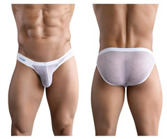 White sheer mesh briefs with geometric pattern and white elastic waistband featuring clever logo in blue on left side