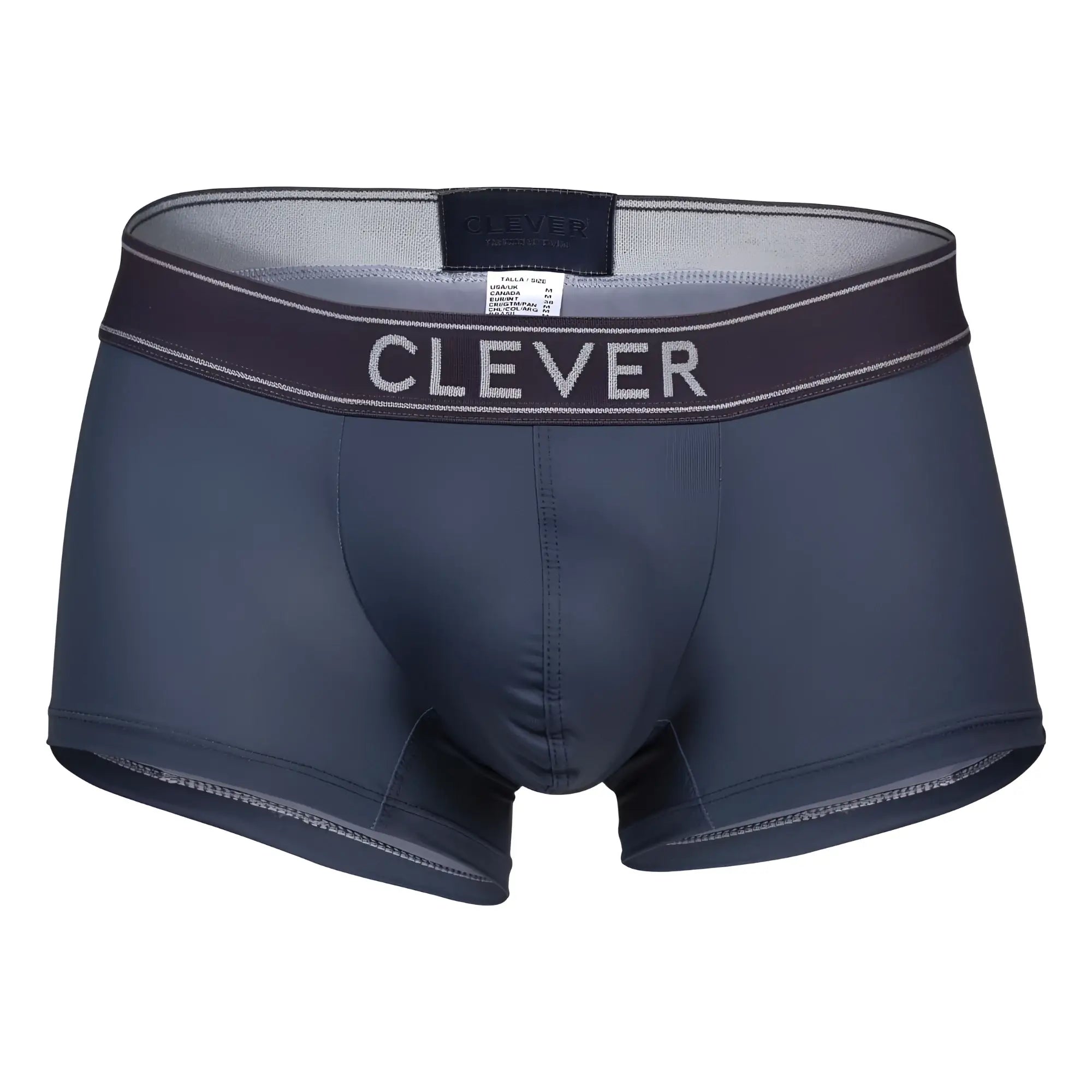 Dark gray clever 1751 craftiness trunks men’s boxer briefs with matching waistband and white brand name lettering
