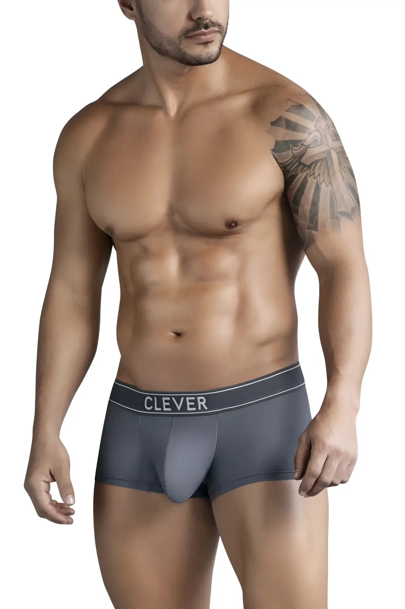 Gray clever 1751 craftiness trunks briefs with subtle textured pattern and white waistband trim in dark gray color