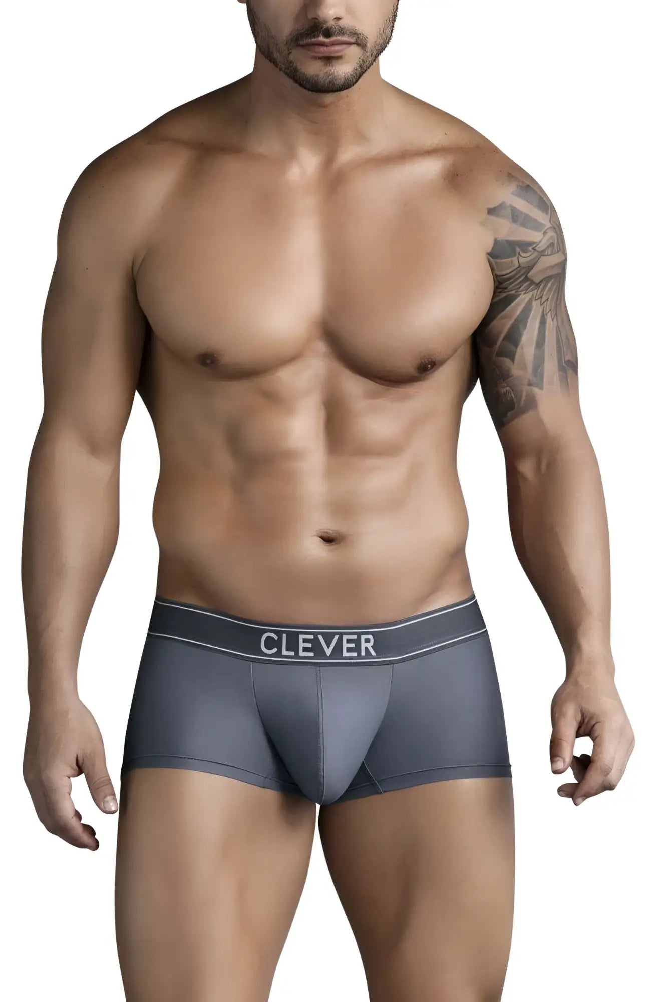Gray men’s clever 1751 craftiness trunks briefs with white clever logo on waistband in dark gray color