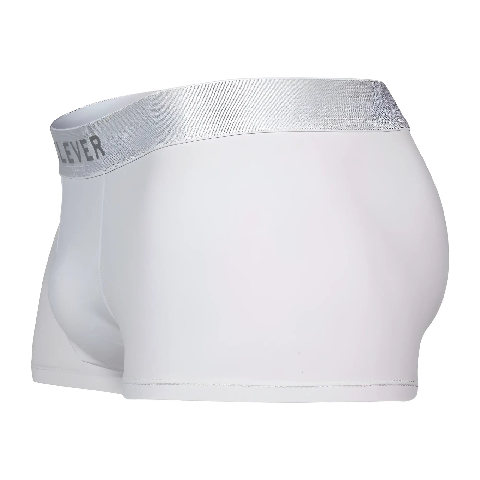 White boxer briefs with a silver elastic waistband featuring the lever brand name in clever 1752 victor trunks white