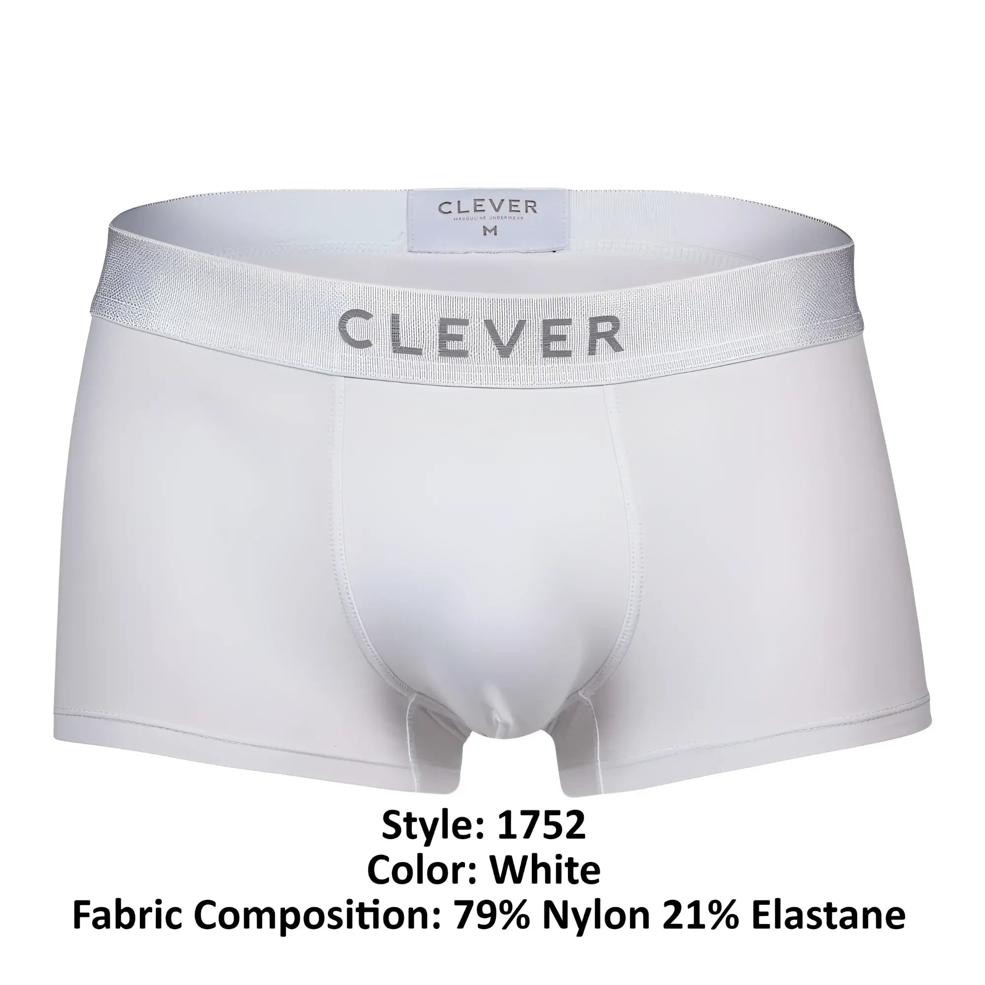 White clever 1752 victor trunks boxer briefs with silver waistband made of 79 nylon 21 elastane in white color