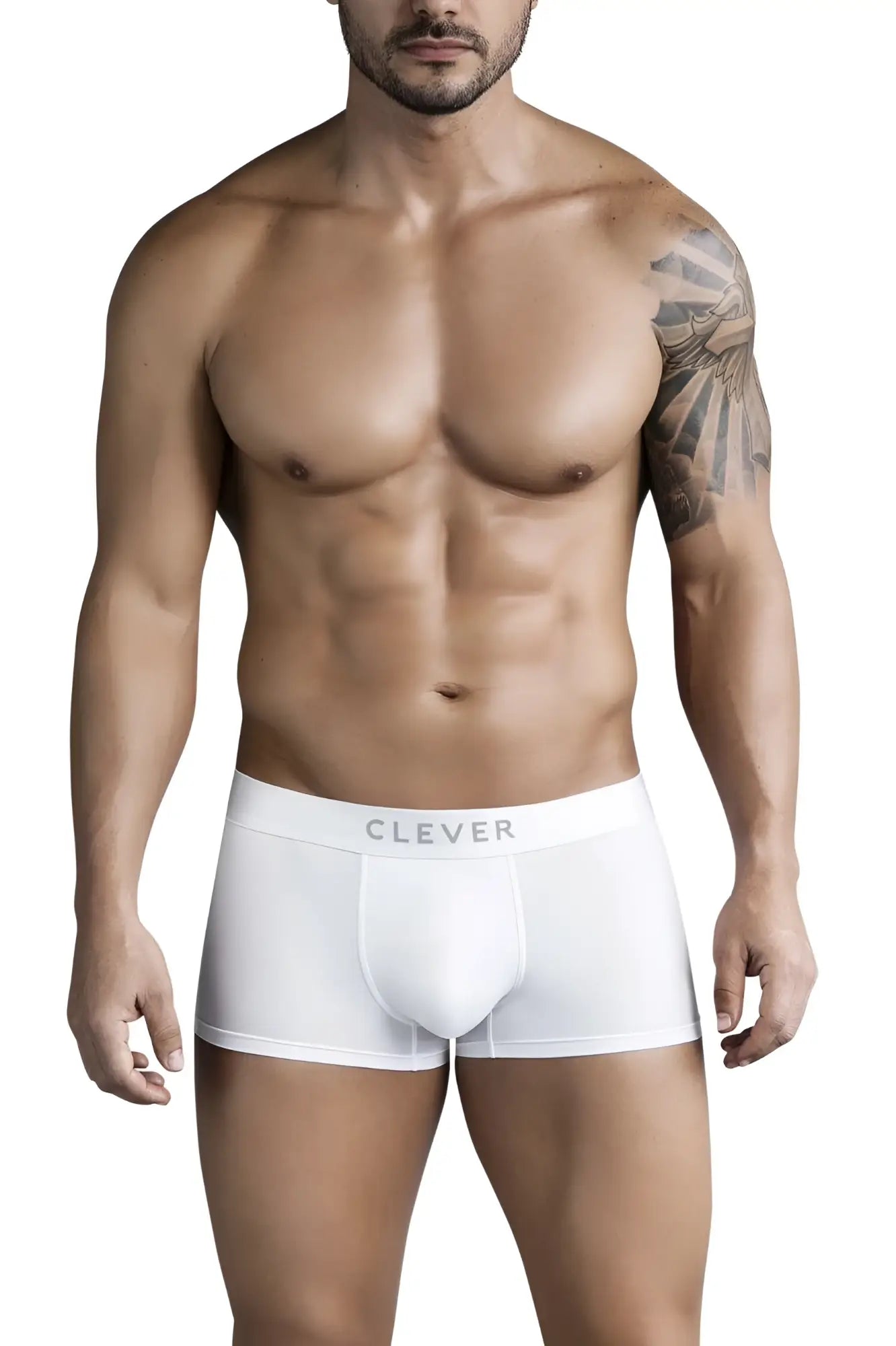 White clever 1752 victor trunks boxer briefs with subtle clever logo on waistband in soft breathable fabric