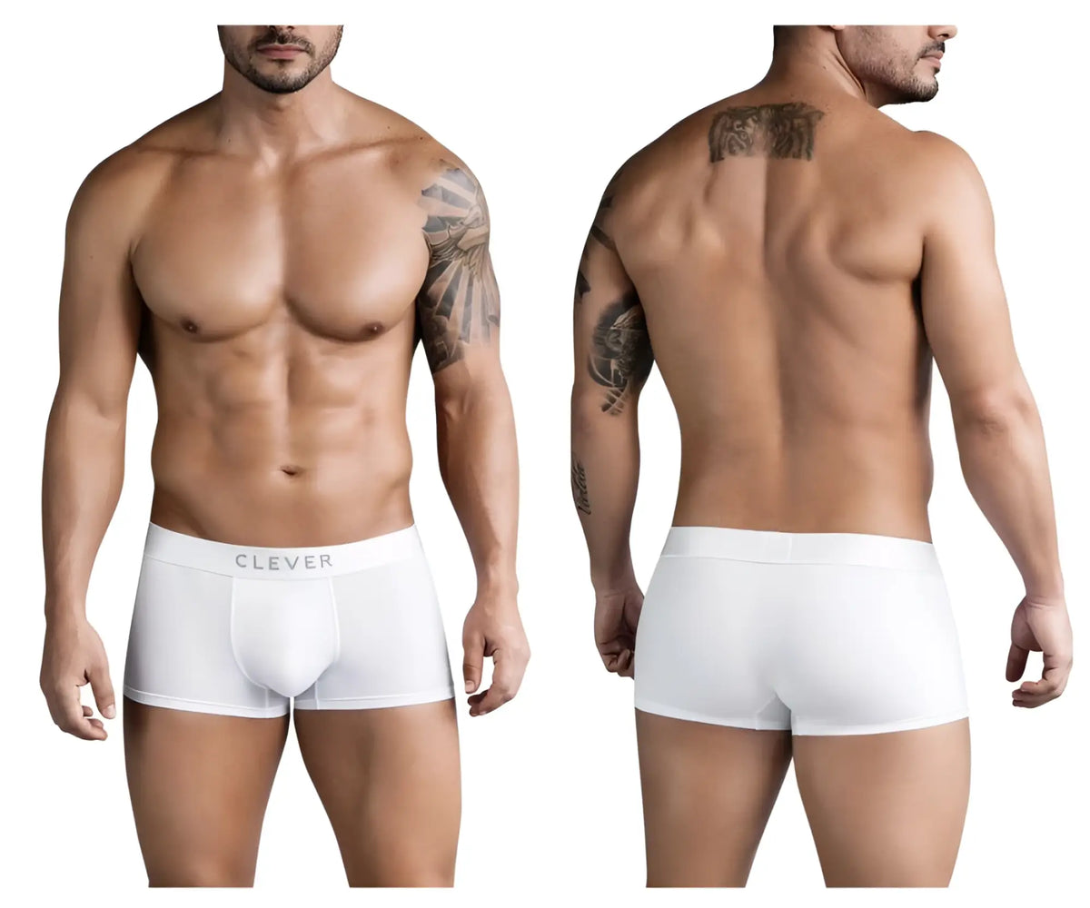 White men’s boxer briefs clever 1752 victor trunks in white with subtle clever logo on waistband