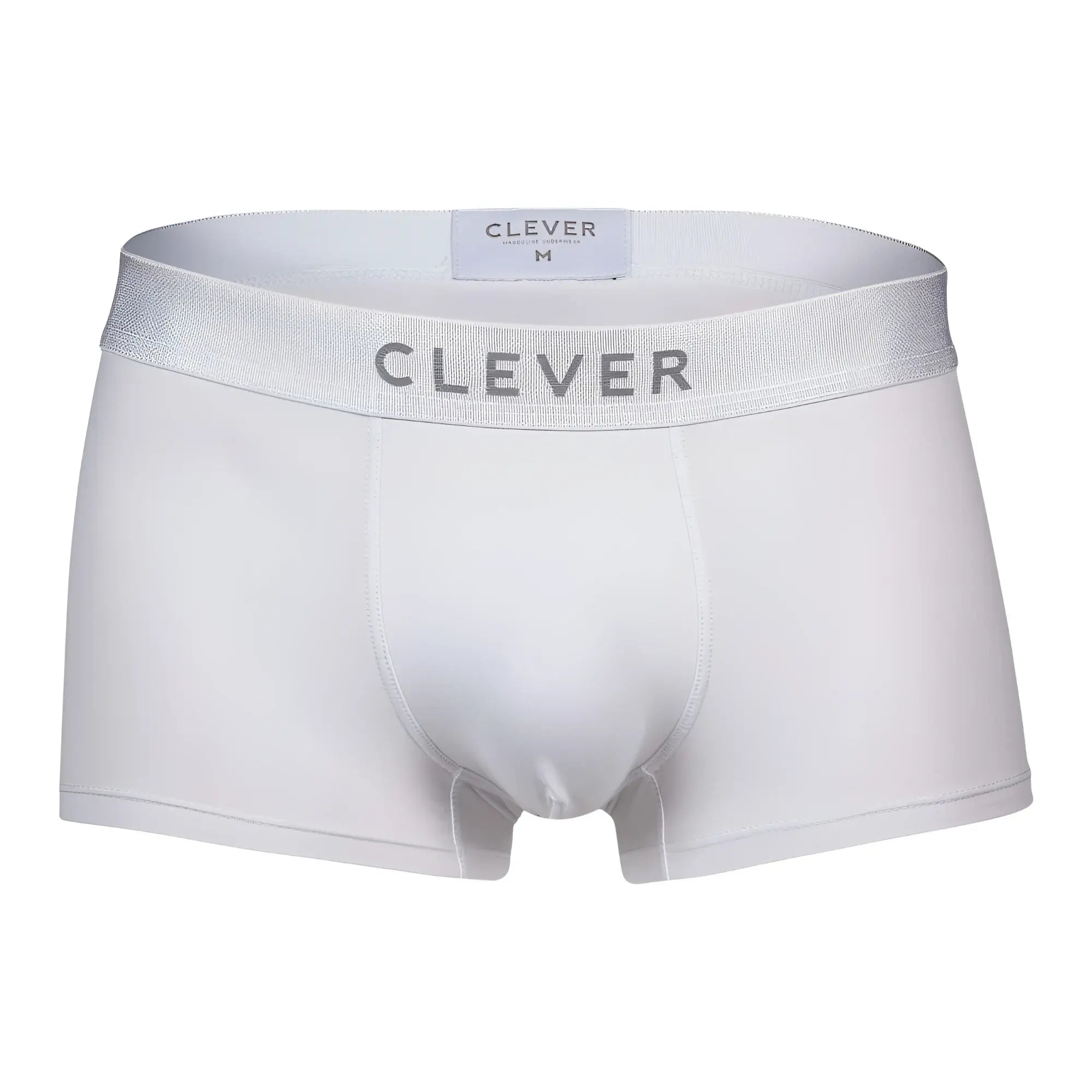 White clever men’s briefs clever 1752 victor trunks with silver elastic waistband and metallic brand lettering