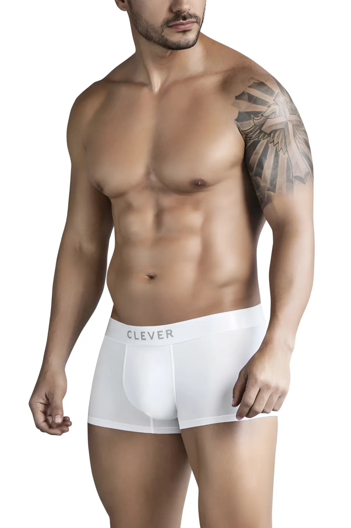 White clever 1752 victor trunks with smooth form-fitting design and gray branded waistband in white color