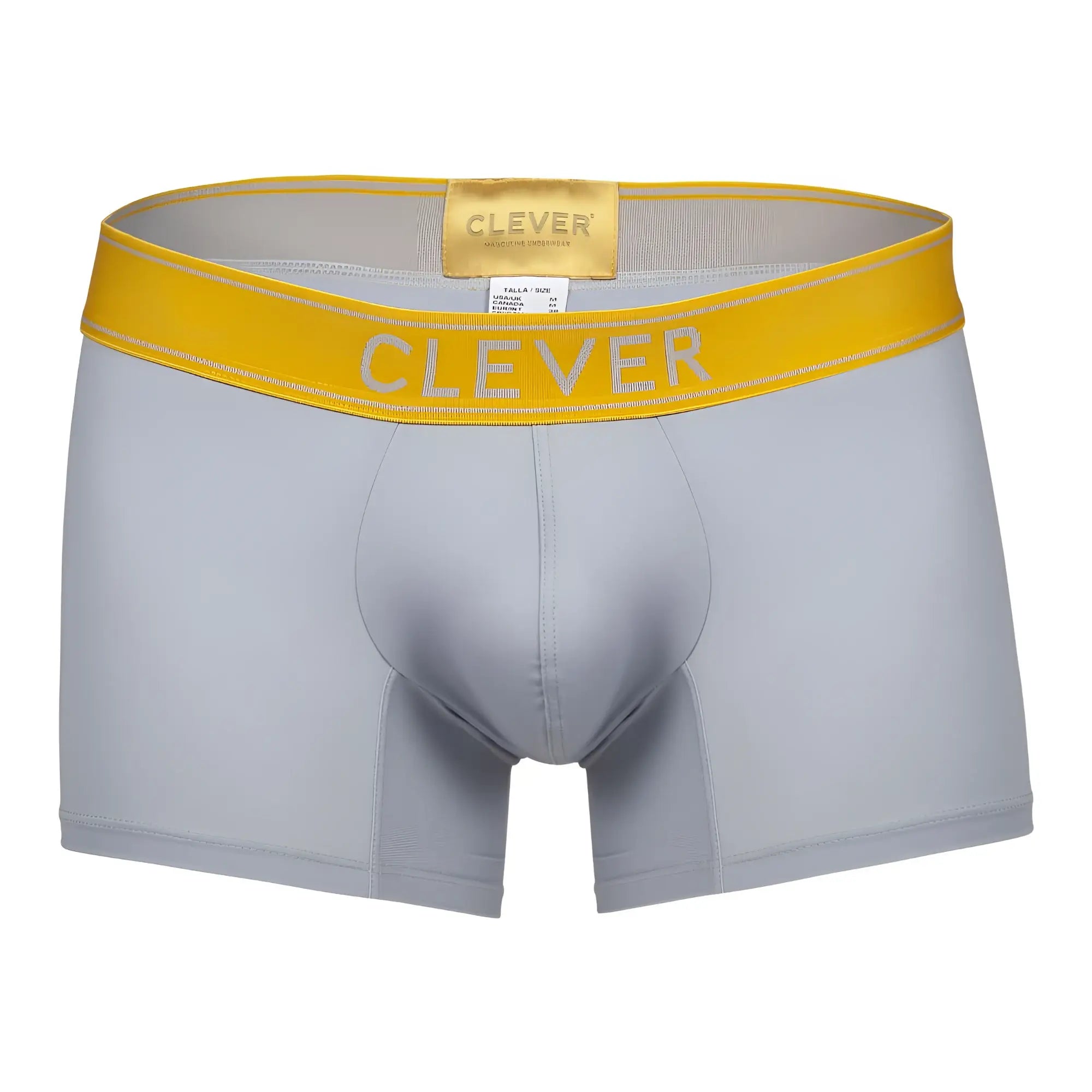 Gray clever 1755 diseno trunks boxer briefs with bright yellow waistband and white clever brand lettering