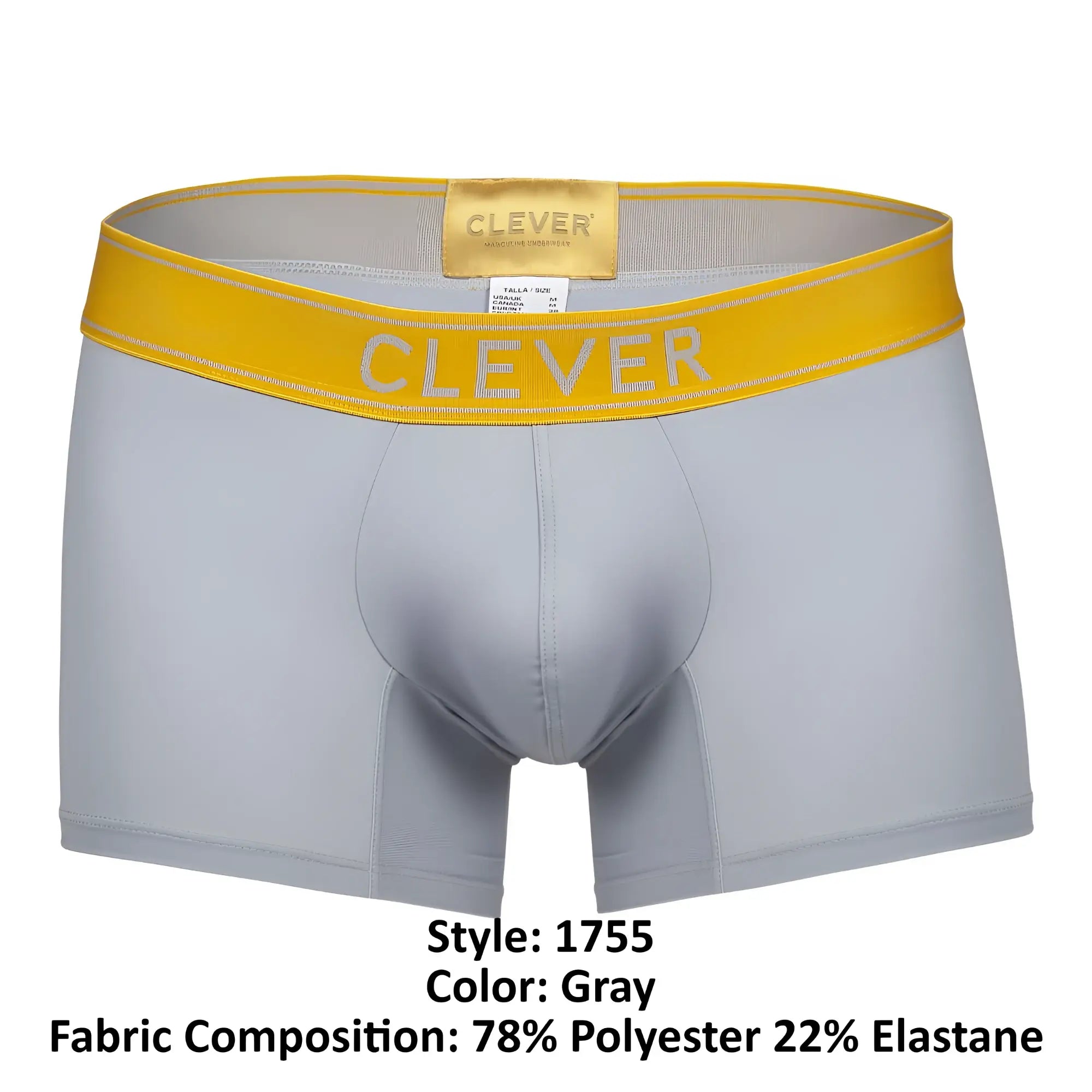 Gray boxer briefs with a bright yellow waistband featuring Clever brand name in white lettering from Clever 1755 Diseno trunks