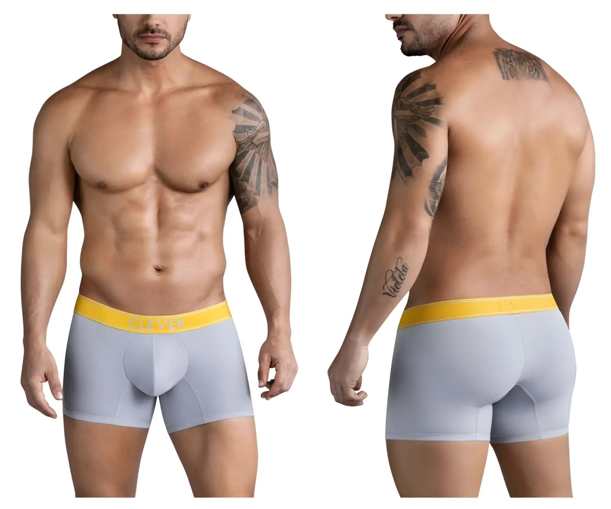 Light gray clever 1755 diseno trunks with bright yellow victor elastic waistband featuring black logo print