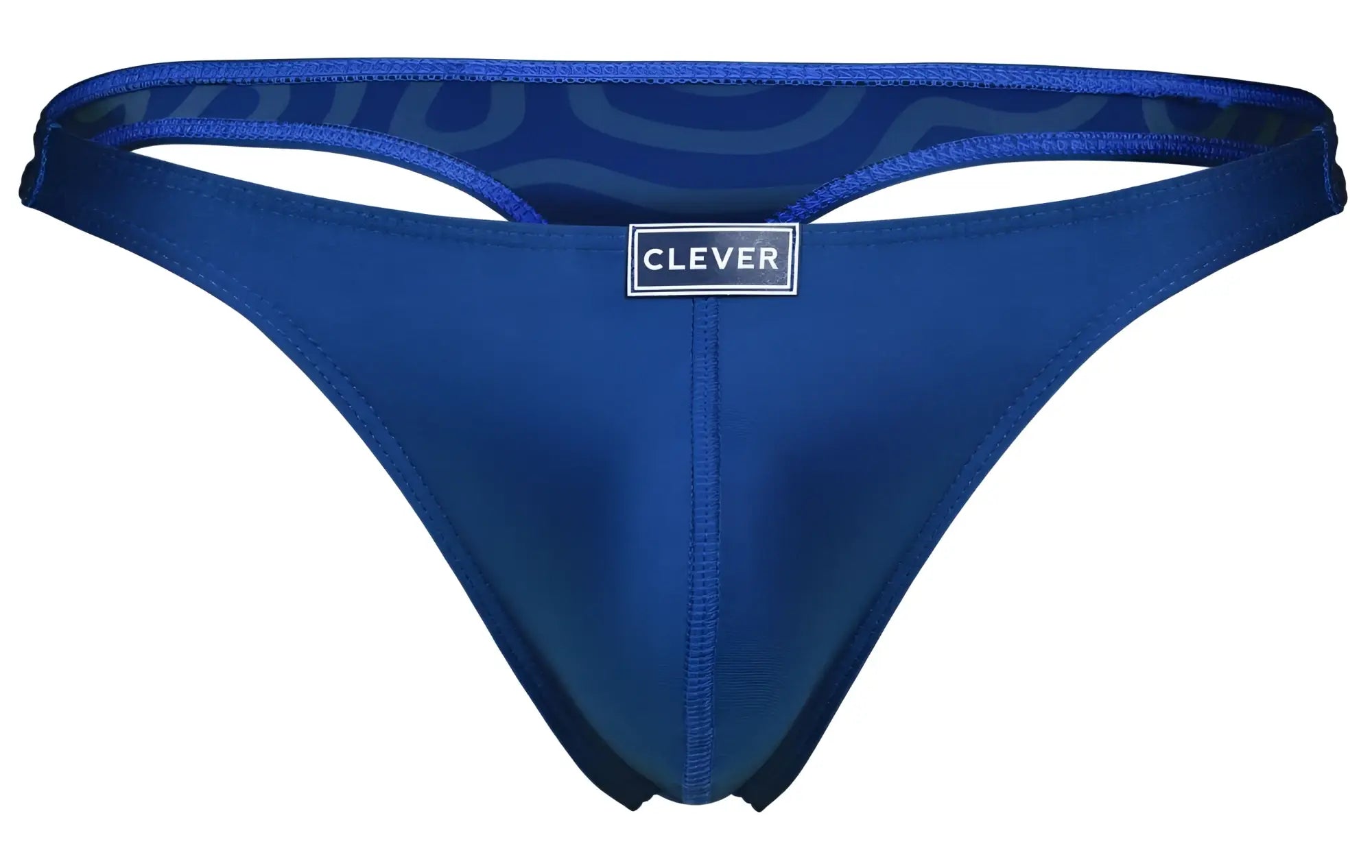Blue satin-like clever 1773 cactus thong with patterned waistband and embroidered brand label visible on the front