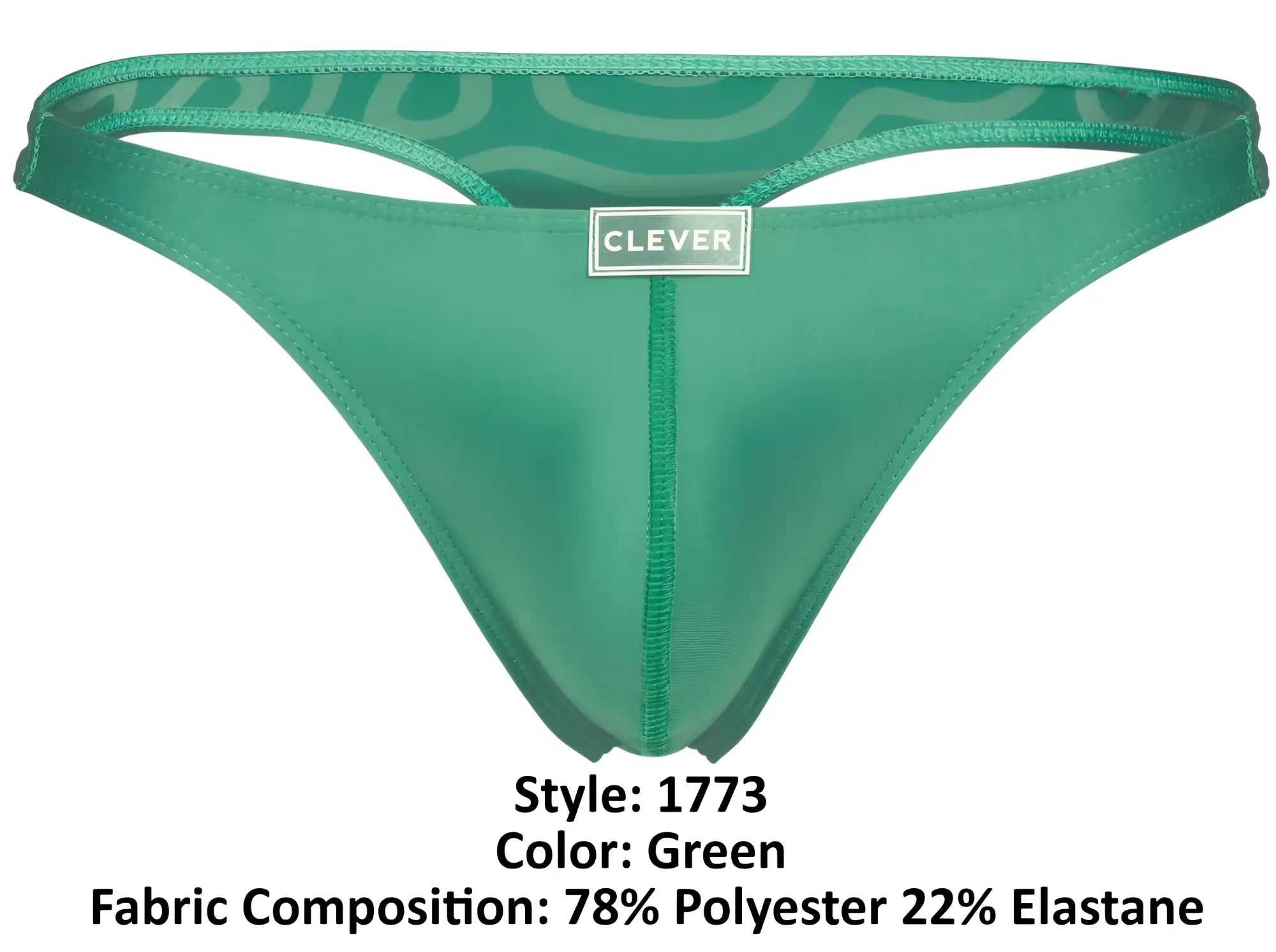 Green clever 1773 cactus thong with subtle wave waistband pattern made from 78 polyester 22 elastane fibers