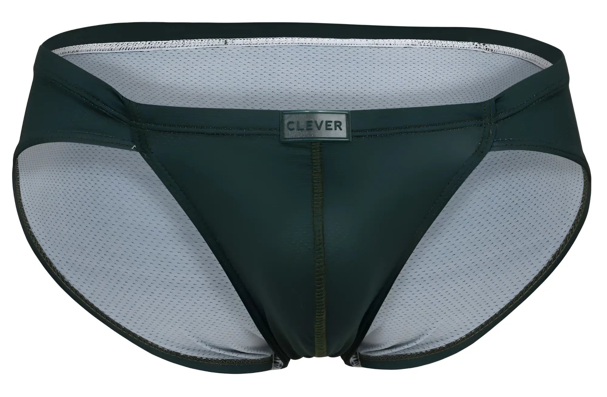 Dark green Clever 1775 Optimo briefs swim trunks with mesh lining and Clever brand label front view