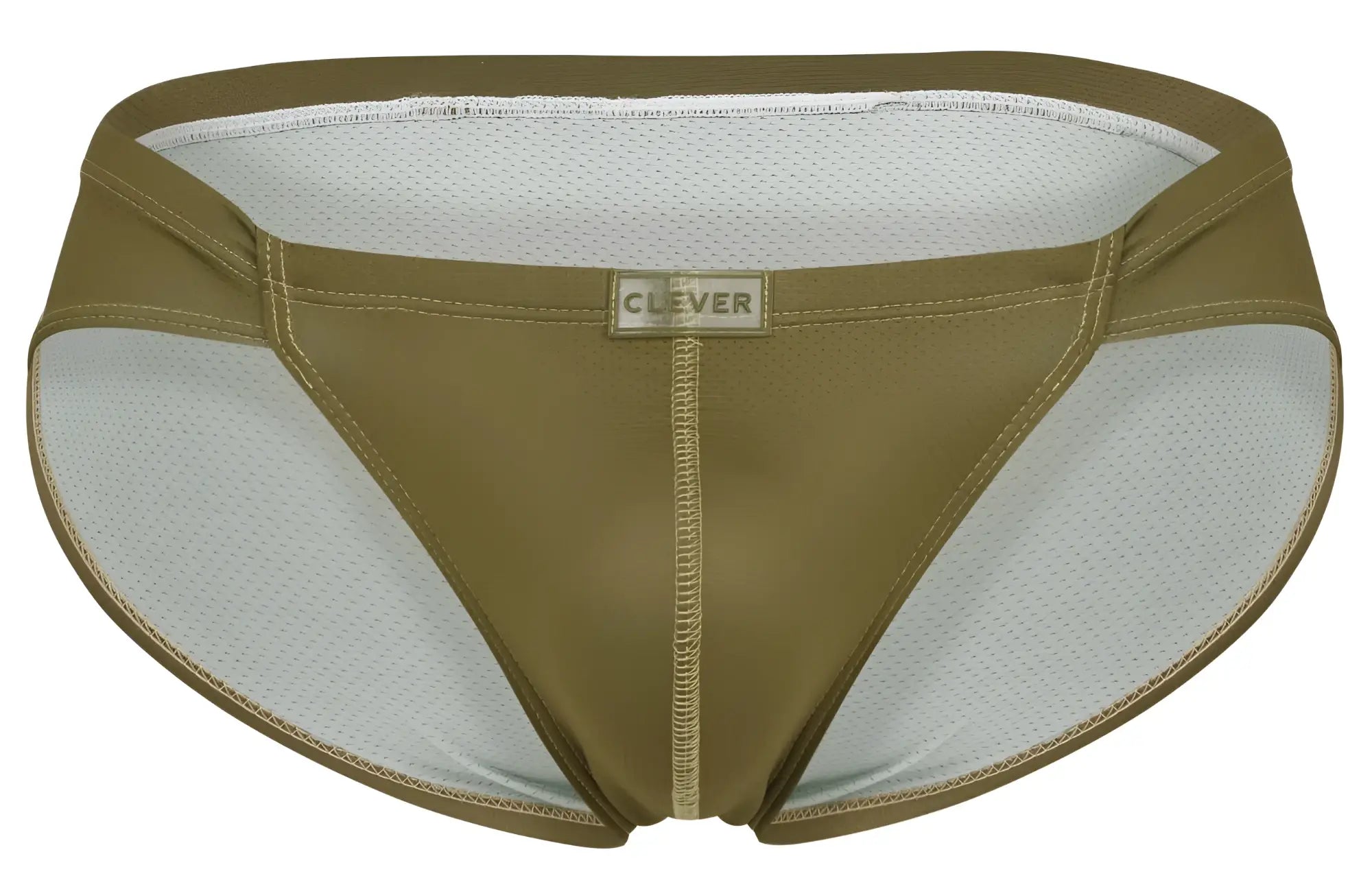 Olive green and white mesh briefs with clever brand label on front in clever 1775 optimo briefs color green