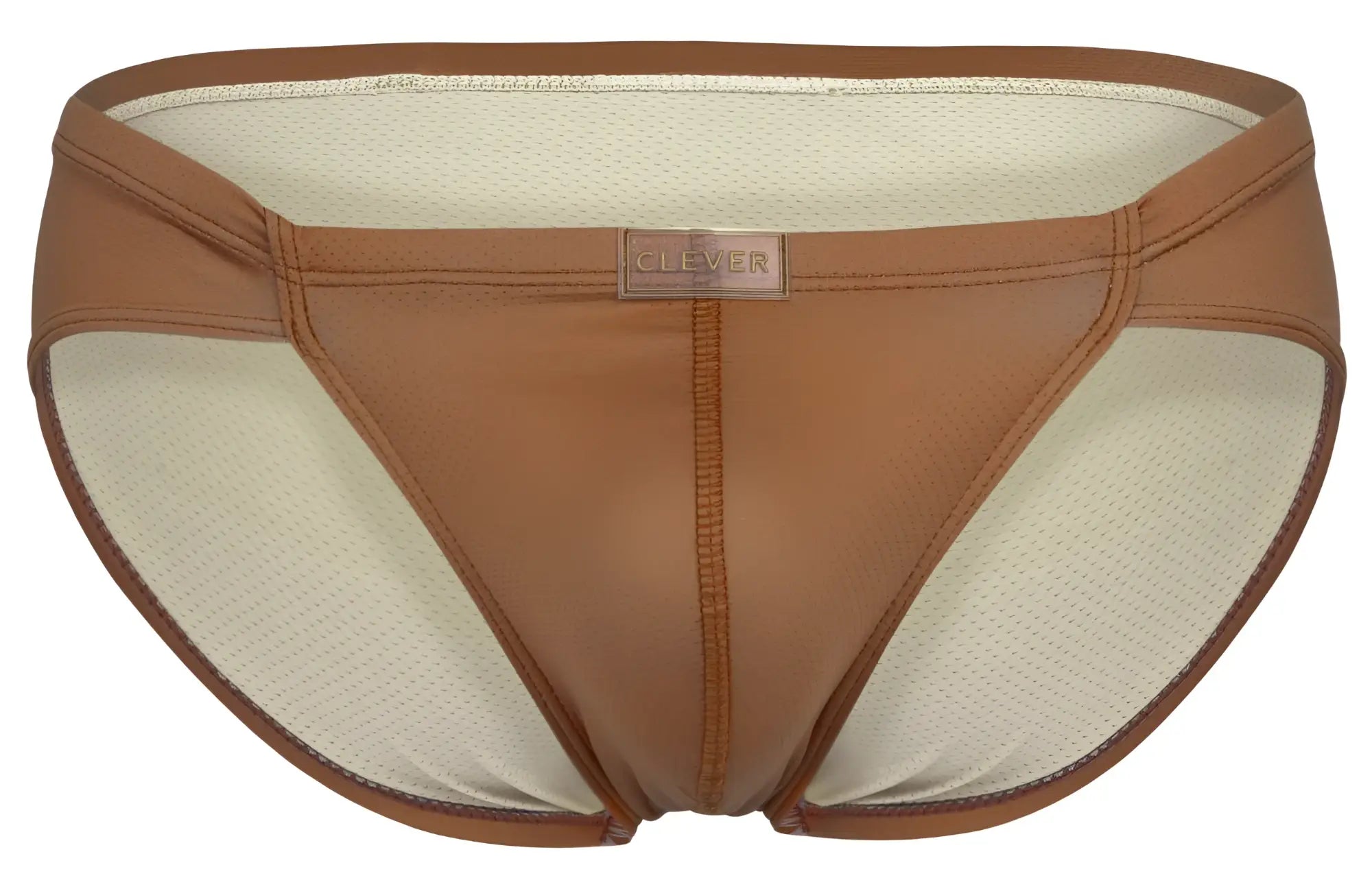 Brown leather-like clever 1775 optimo briefs in ochre with beige mesh lining and clever brand label visible