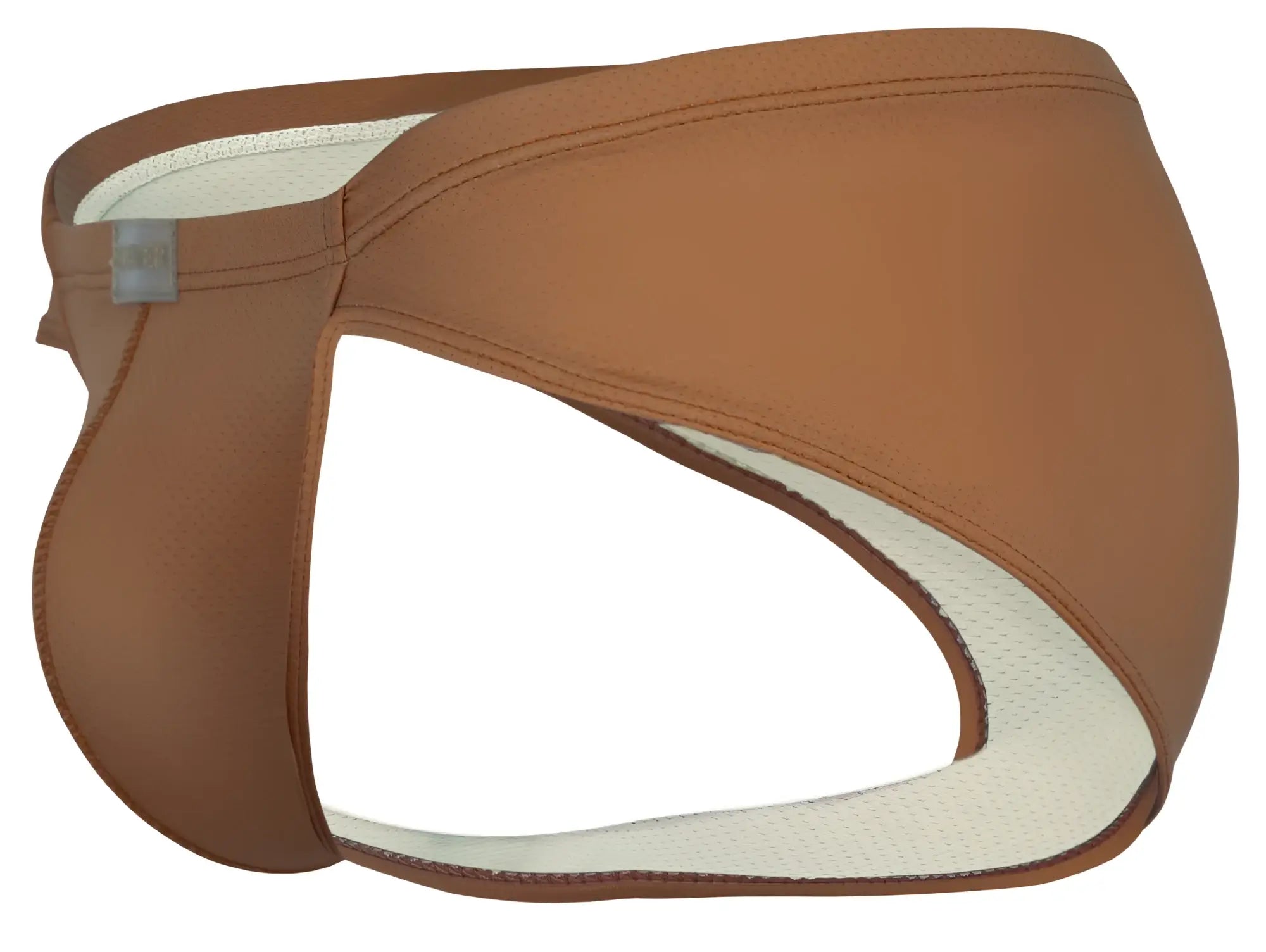 Brown leather-like men’s briefs with white mesh lining and gray side tag clever 1775 optimo briefs color ochre