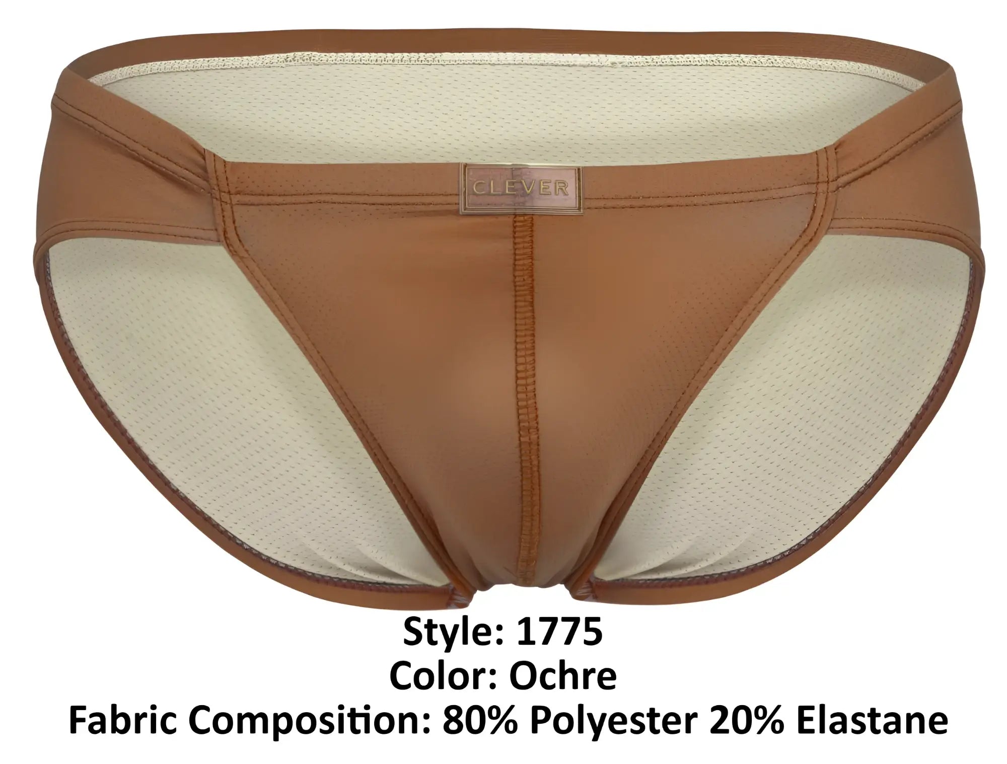 Ochre leather-like clever 1775 optimo briefs with mesh lining and clever brand label in front view