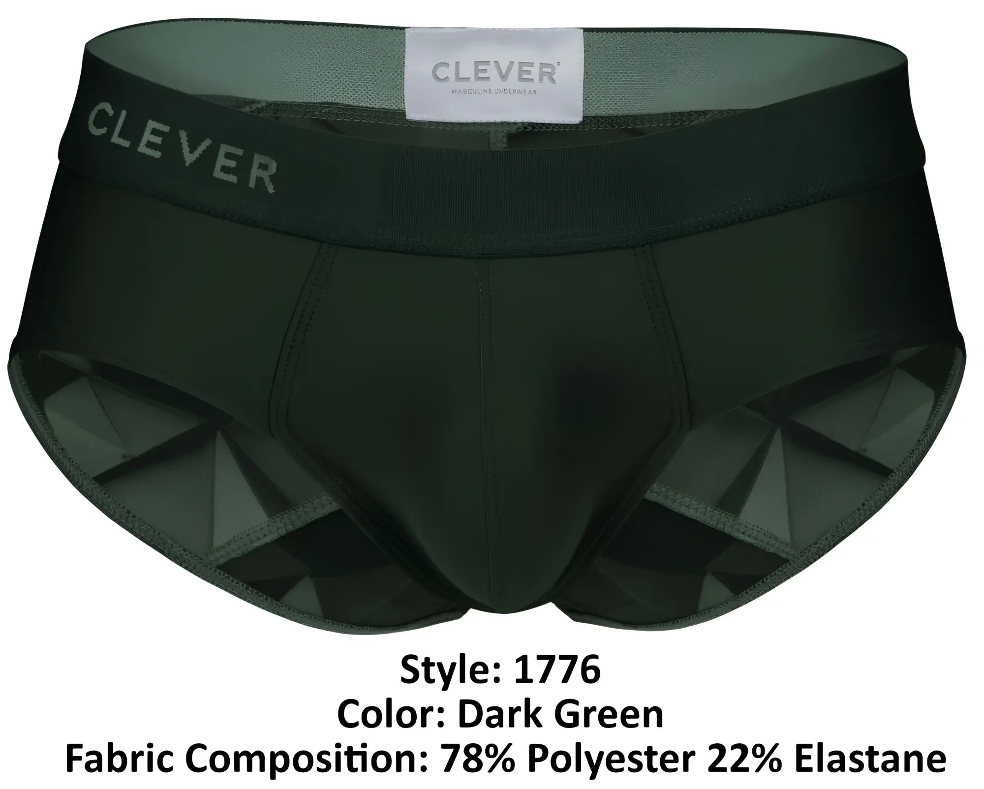 Dark green clever 1776 venecia briefs with geometric faceted design and elastic waistband front view