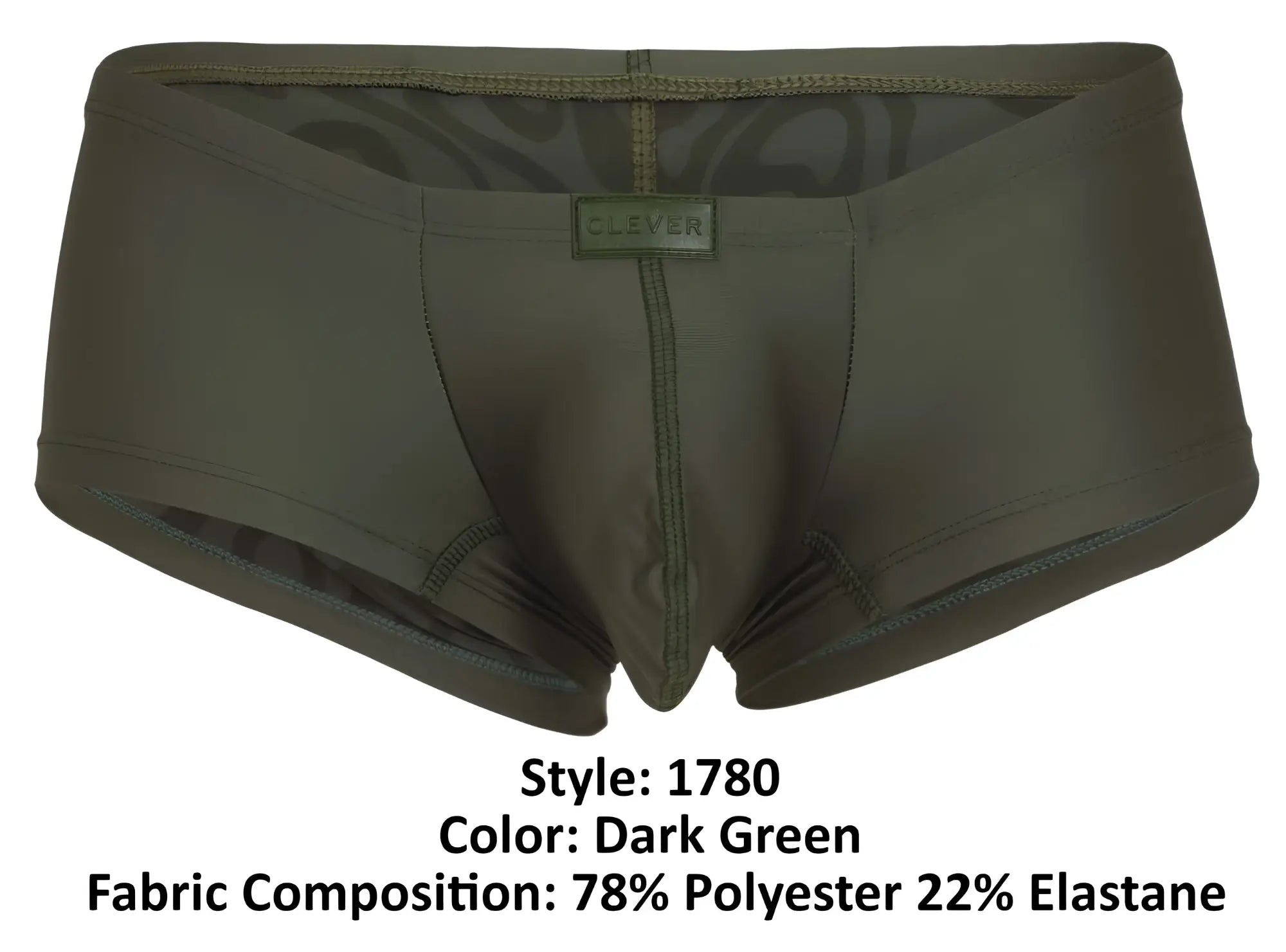 Dark green clever 1780 maya trunks men’s briefs made of 78% polyester 22% elastane with subtle camouflage lining