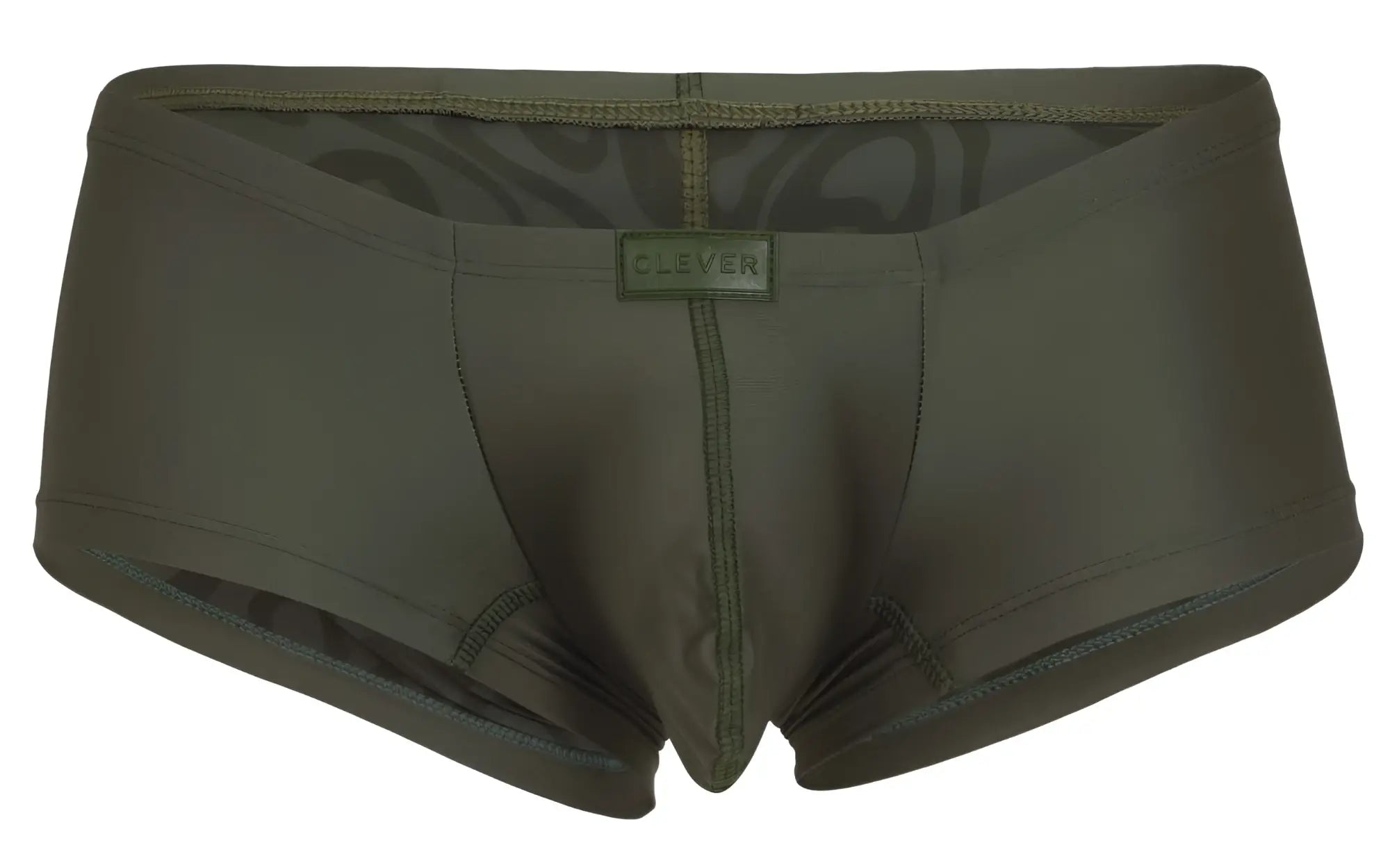 Olive green clever 1780 maya trunks men’s briefs with subtle patterned lining and branded label