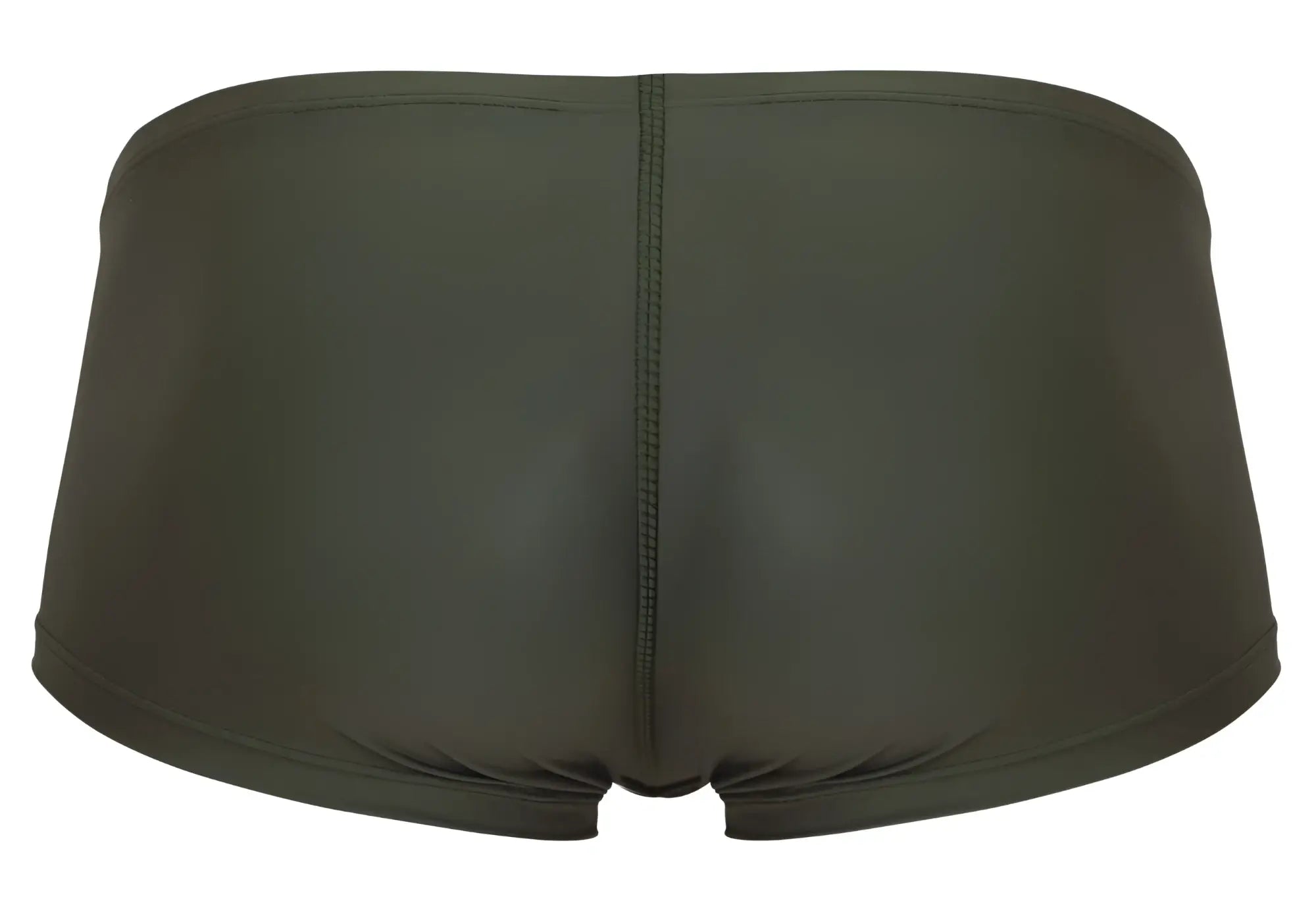 Dark olive green clever 1780 maya trunks back view with form-fitting smooth stretchy fabric and central seam