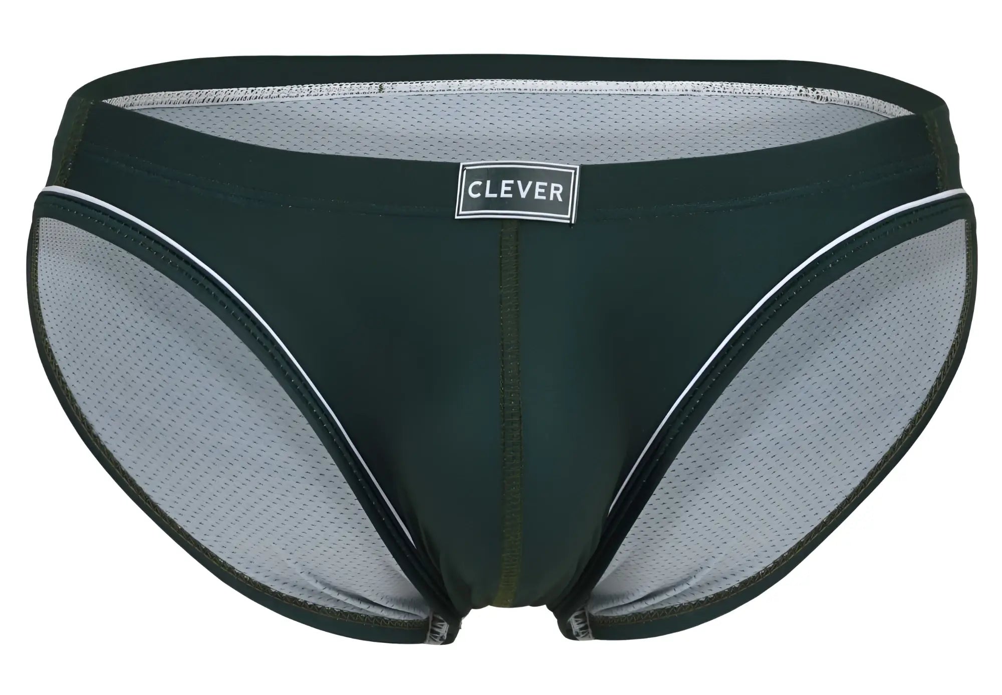 Dark green and gray mesh clever 1782 argovia briefs with white trim and branded waistband in front view