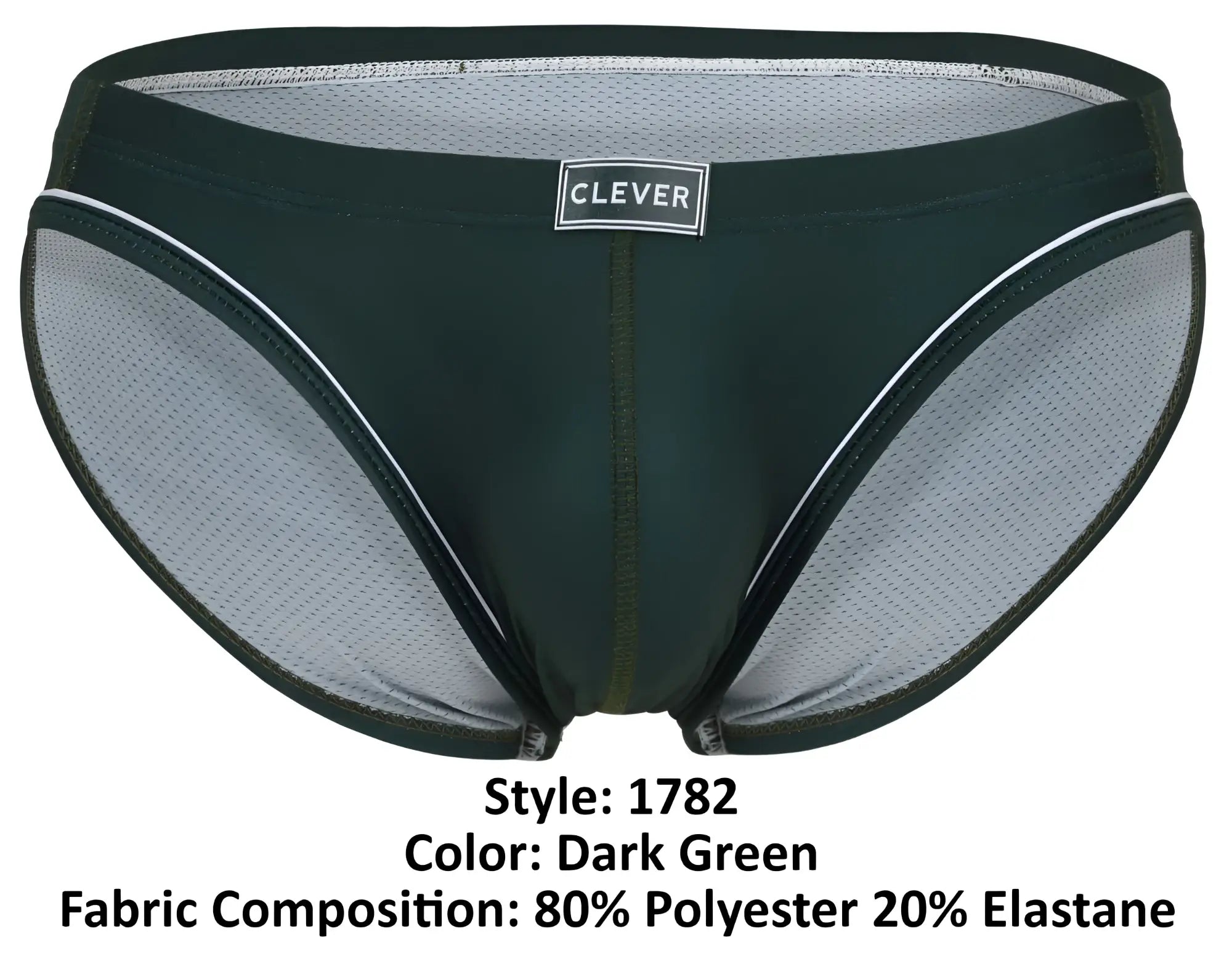 Dark green clever 1782 argovia men’s briefs with mesh panel white trim and clever brand label