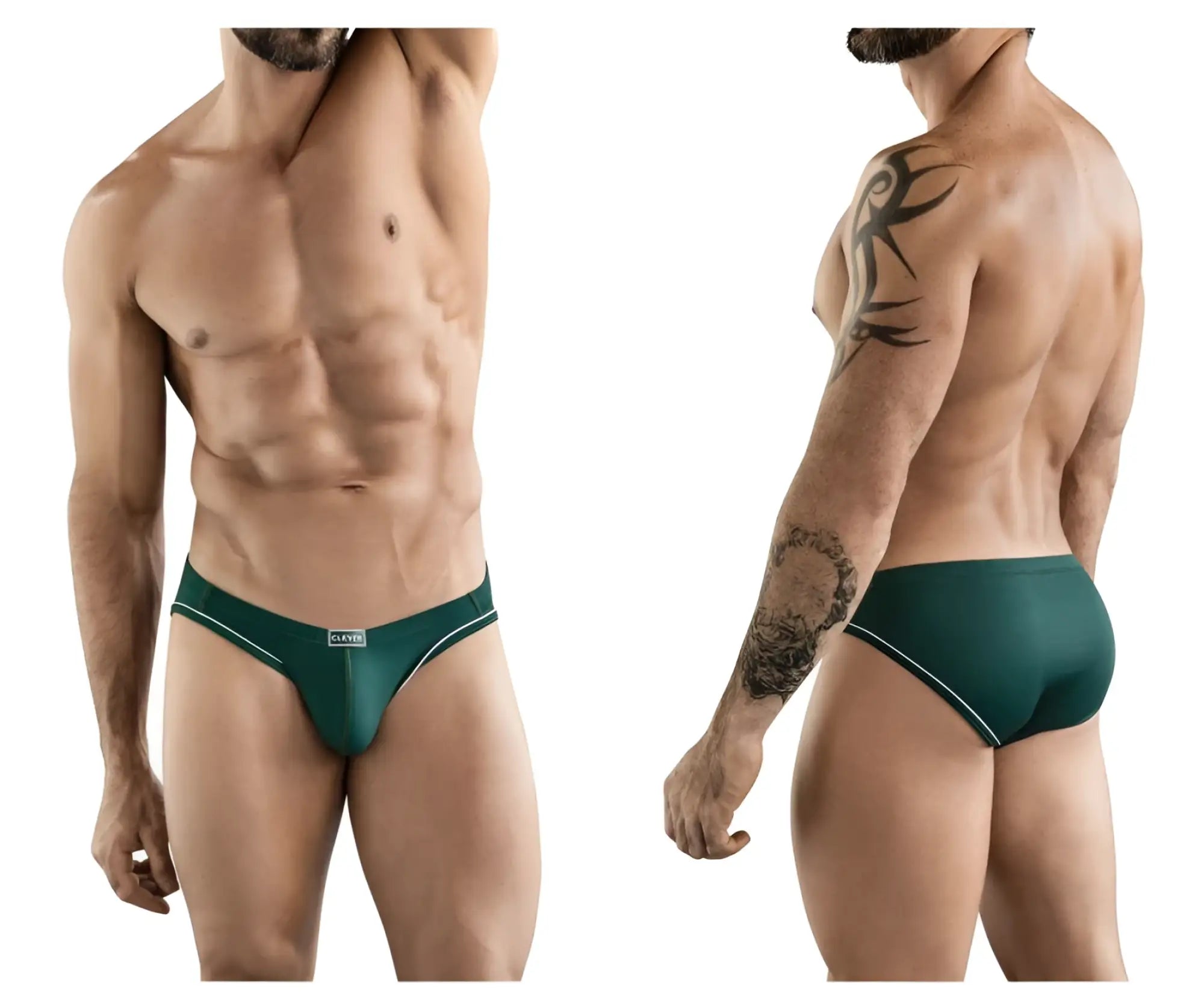 Dark green clever 1782 Argovia briefs with white trim and classic label on waistband, form-fitting and comfortable