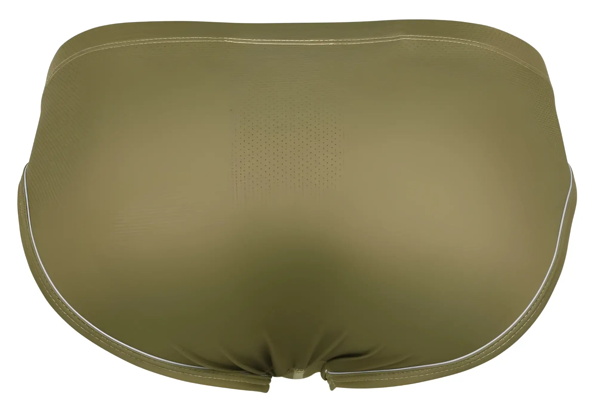 Olive green clever 1782 argovia briefs with white stitching along waistband and leg openings in swim trunk style