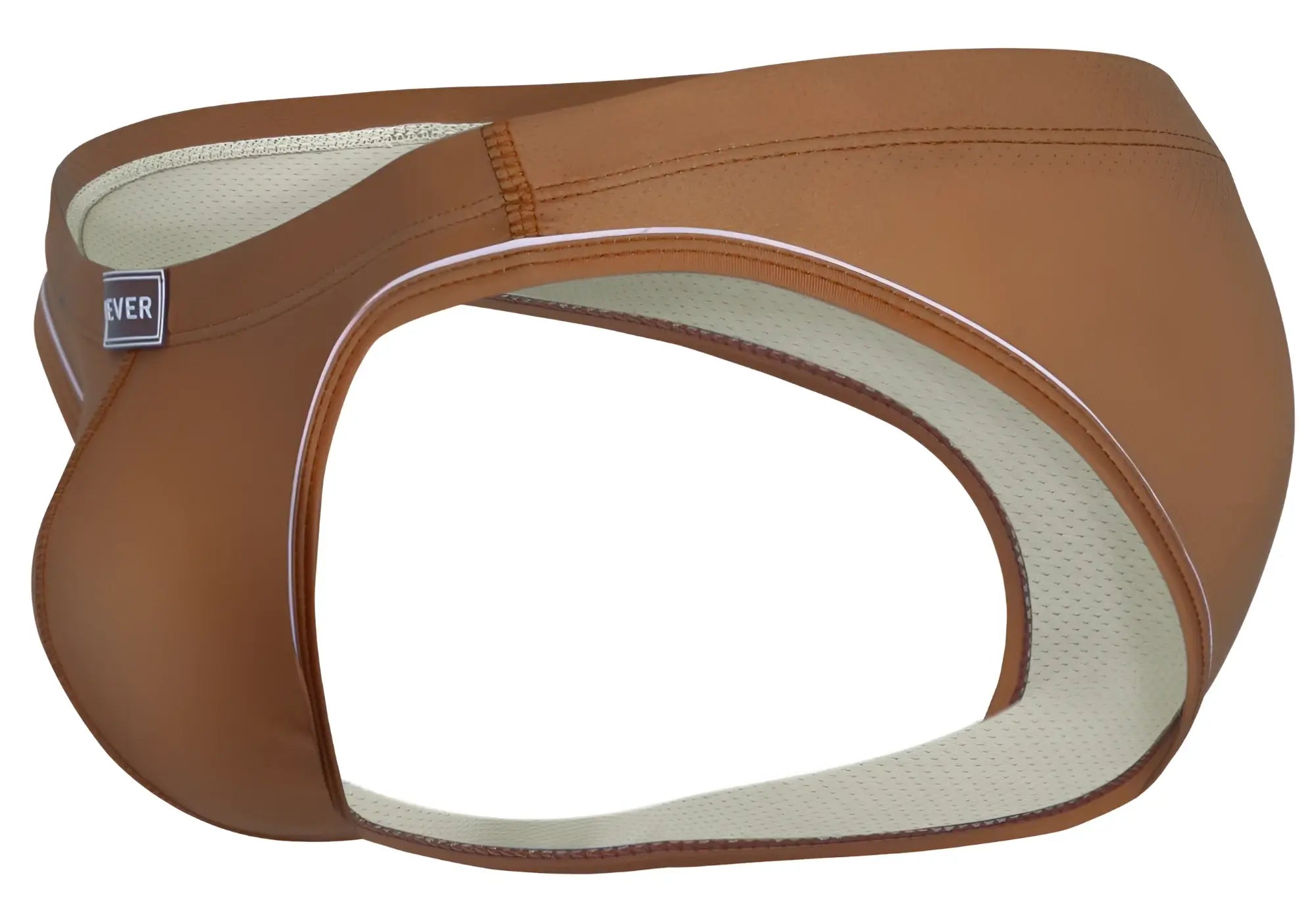 Brown leather-like men’s briefs clever 1782 argovia with light beige mesh lining and white stitching in ochre color