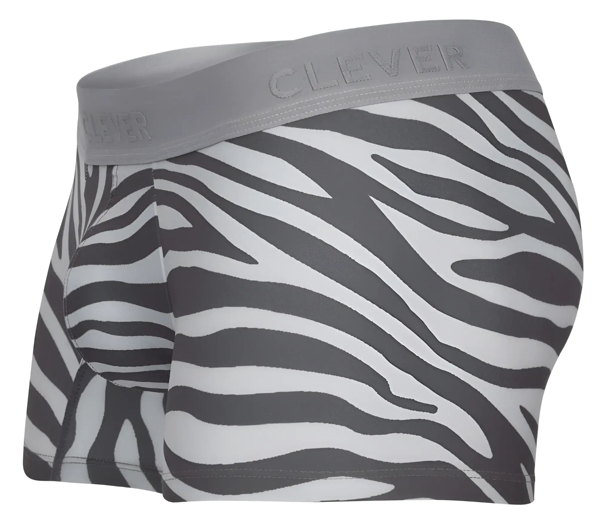 Gray and white zebra-print boxer briefs with gray elastic waistband featuring clever brand name in clever 1800 cebra trunks
