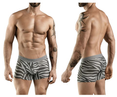 Gray and white zebra-striped boxer briefs with gray elastic waistband clever 1800 cebra trunks color gray front view