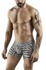 Gray and white zebra-striped boxer briefs with gray elastic waistband branded liver clever 1800 cebra trunks color gray