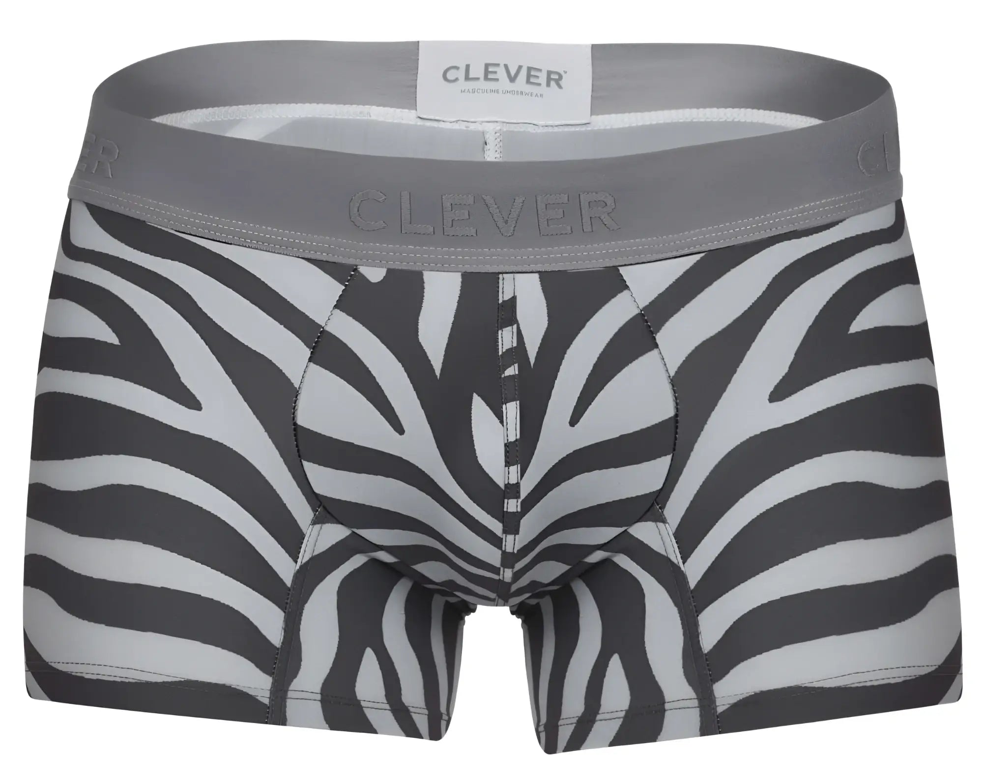 Gray and white zebra-striped men’s boxer briefs with gray waistband featuring clever brand label for comfortable wear