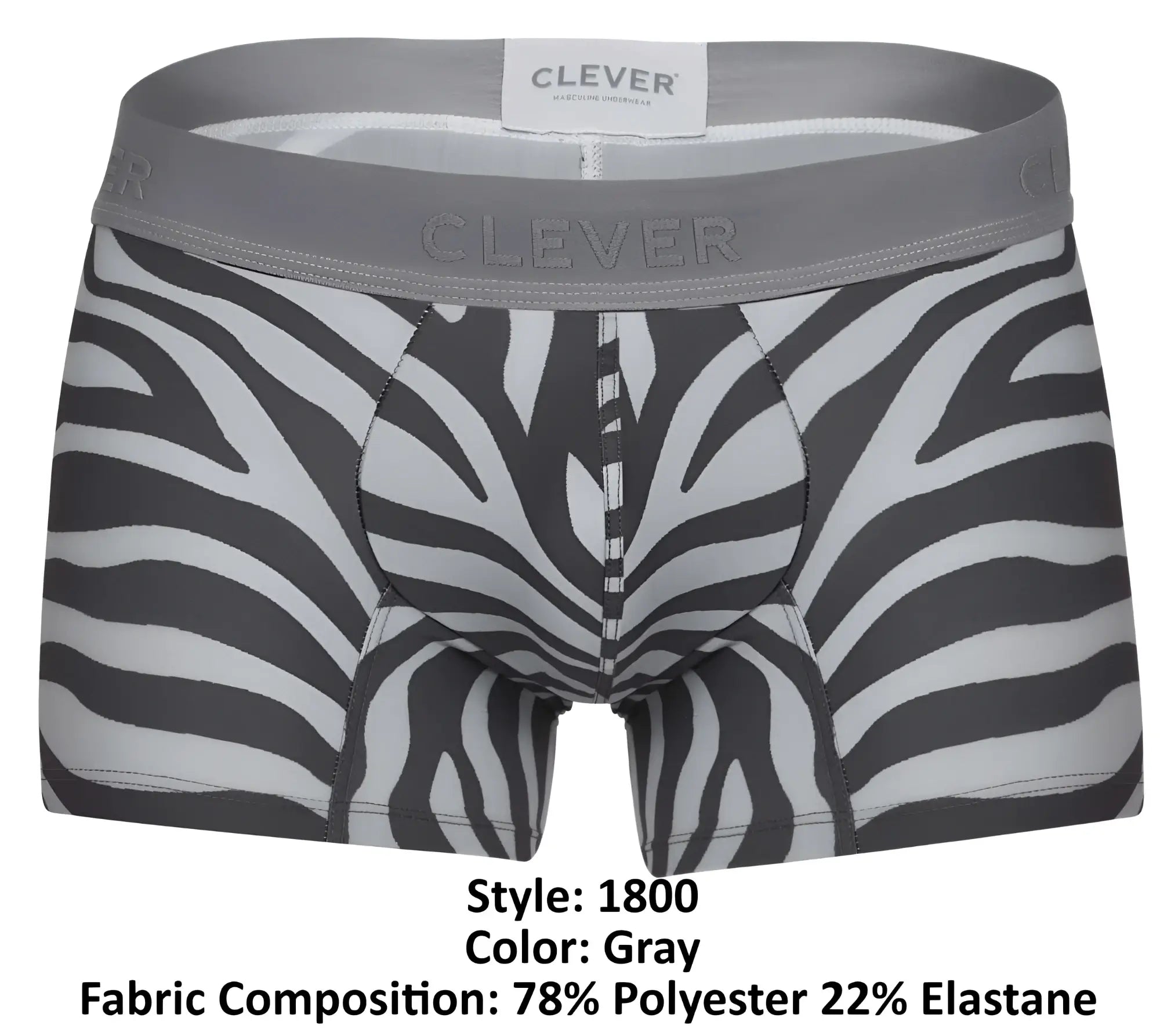 Gray zebra-print boxer briefs with gray elastic waistband featuring clever brand name from clever 1800 cebra trunks