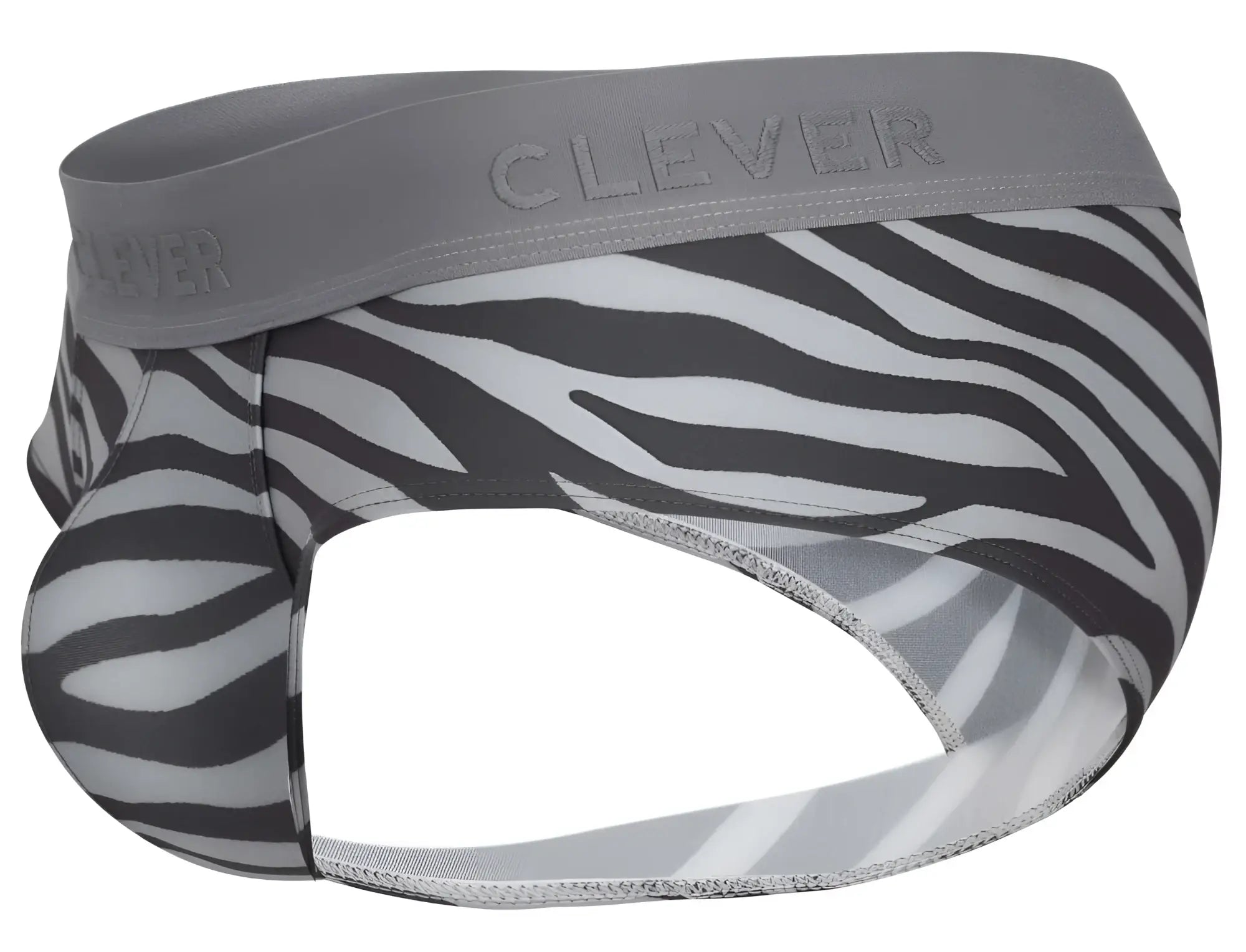 Gray and black zebra-striped clever 1801 cebra men’s briefs with branded elastic waistband front view