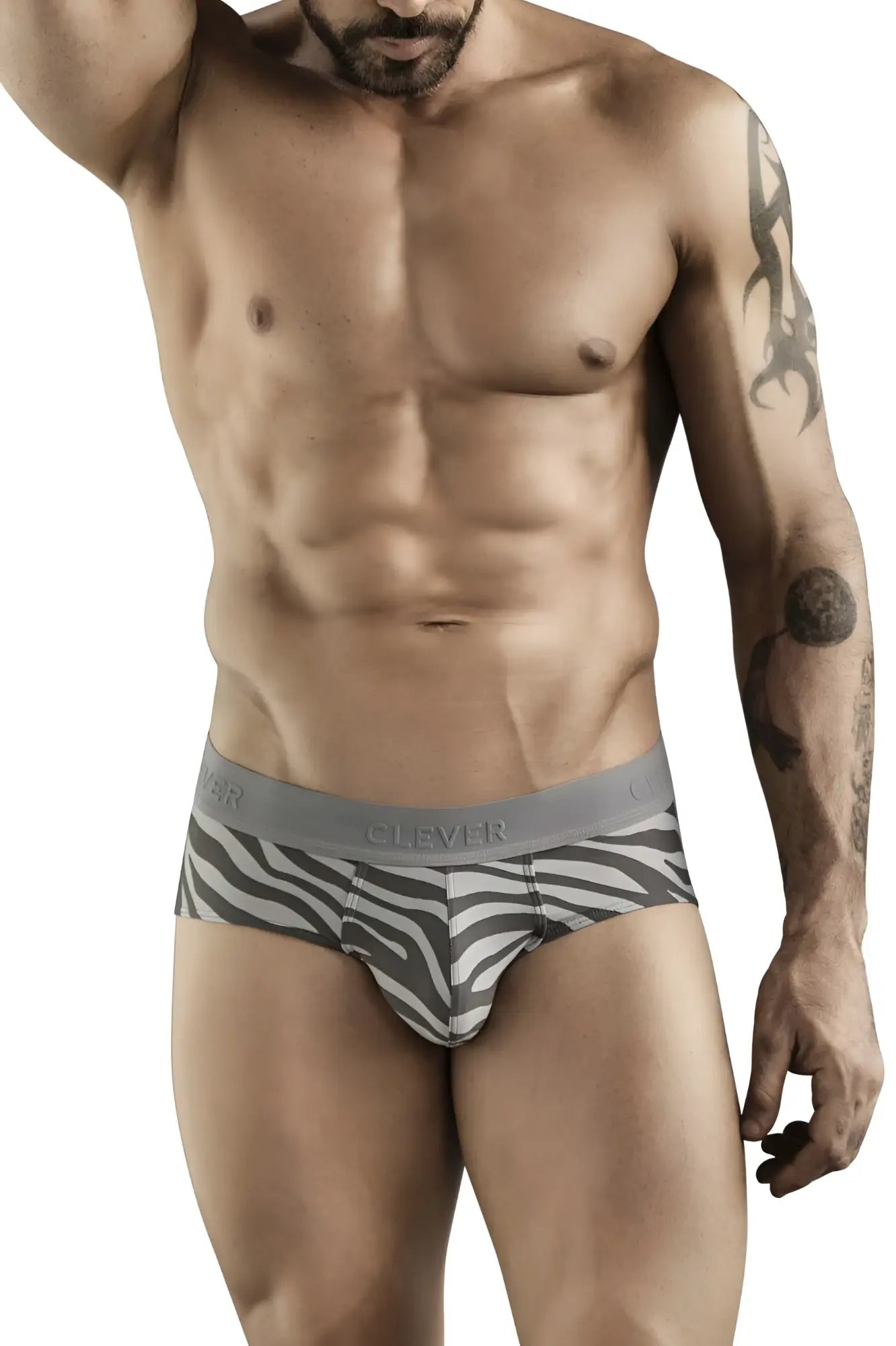 Gray and white zebra-striped clever 1801 cebra men’s briefs with gray elastic waistband for comfortable fit