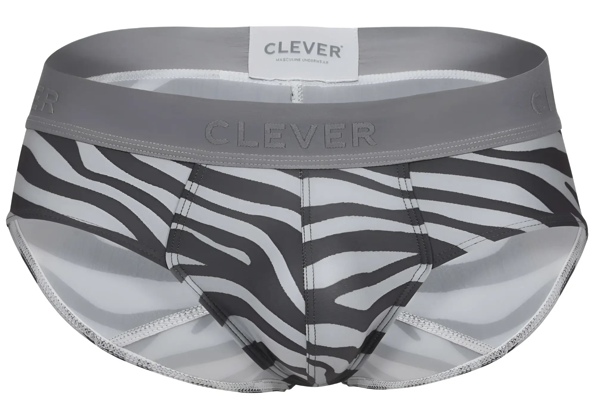 Gray and white zebra-striped clever 1801 cebra briefs with gray elastic waistband for men underwear