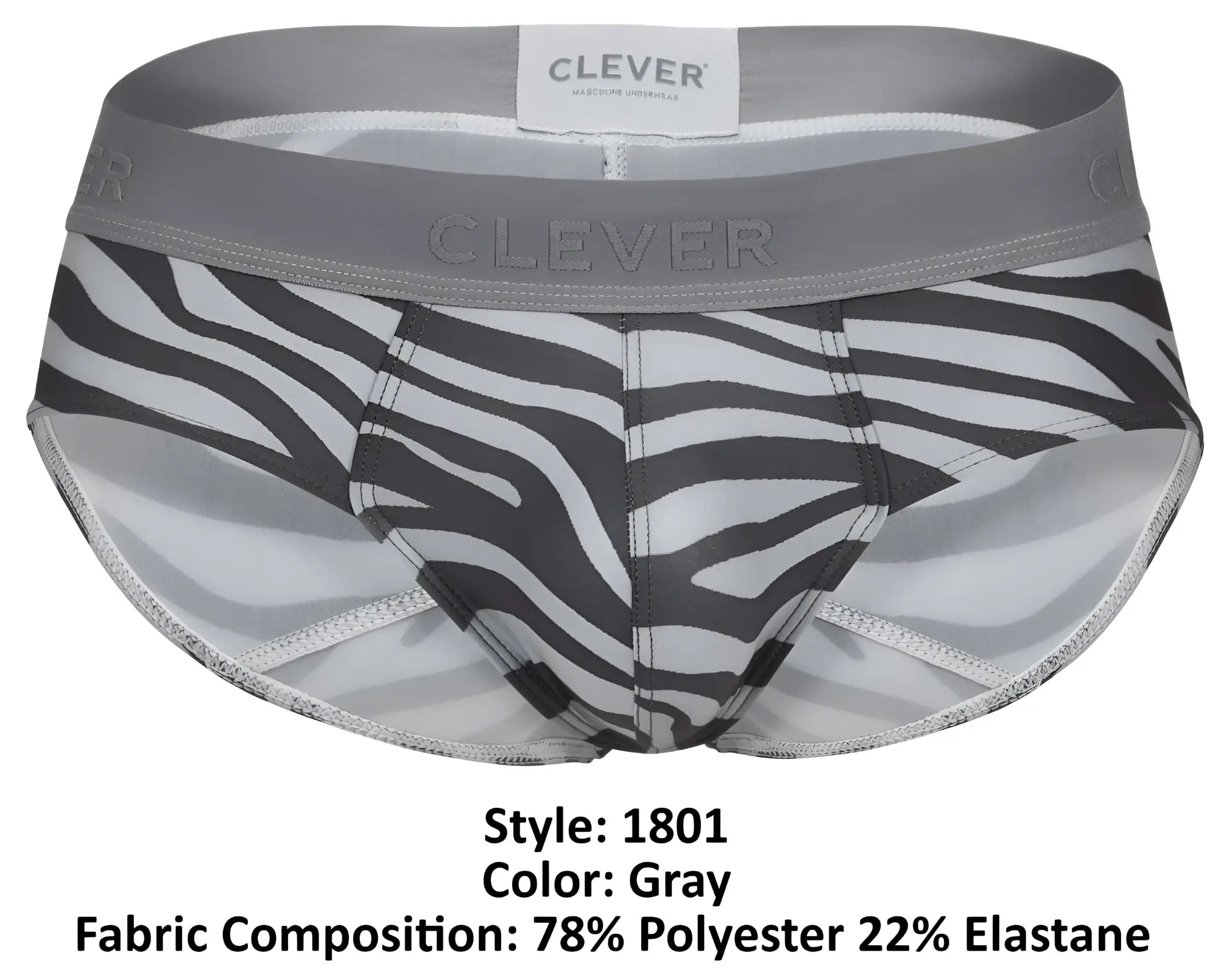 Gray zebra-print clever 1801 cebra briefs with gray elastic waistband made of 78 polyester and 22 elastane